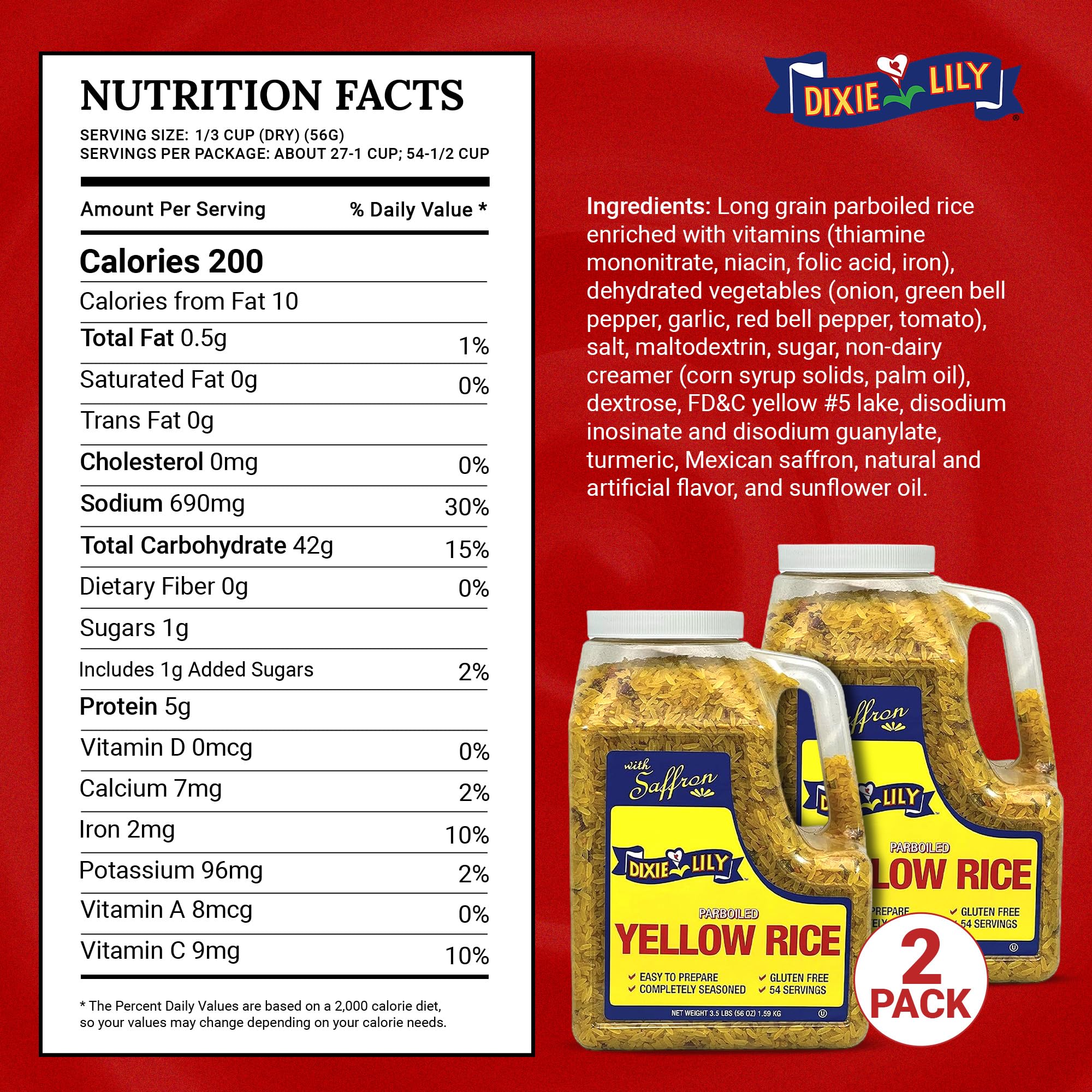 Dixie Lily Yellow Rice Dinner/Jug - Long Grain Parboiled Rice with Dehydrated Vegetables with Vitamins, Easy-to-Prepare, 2 Pack