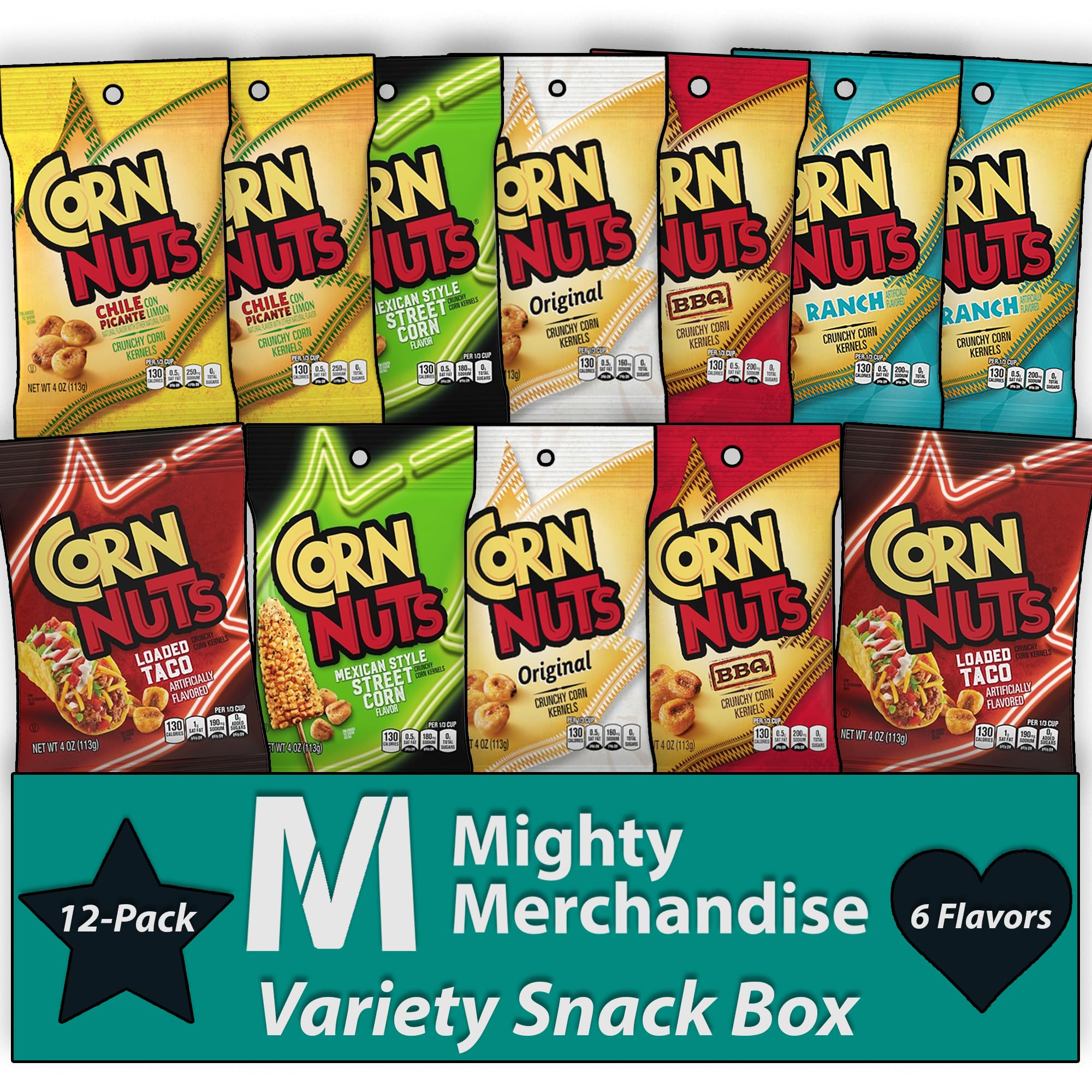Corn Nuts Variety Pack - 15 Pack - 4 Ounces Each - Jalapeno Cheddar, Spicy Chile, Ranch, Original, and BBQ - Bulk Box - With Mighty Merchandise Bag Clip