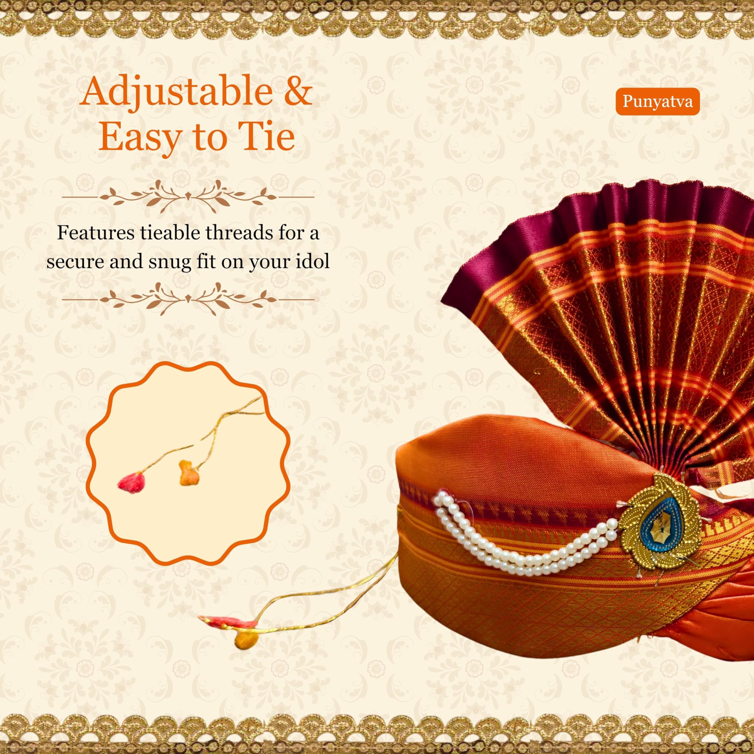 PUNYATVA Ganesh Feta Mukut (Turban, Silk, Orange) / Adjustable Ganesh Pheta, Gauri Ganpati Festival Decoration Accessories, Jewellery, Crown, Makhar, Traditional Pagdi, God Idol Headgear 3