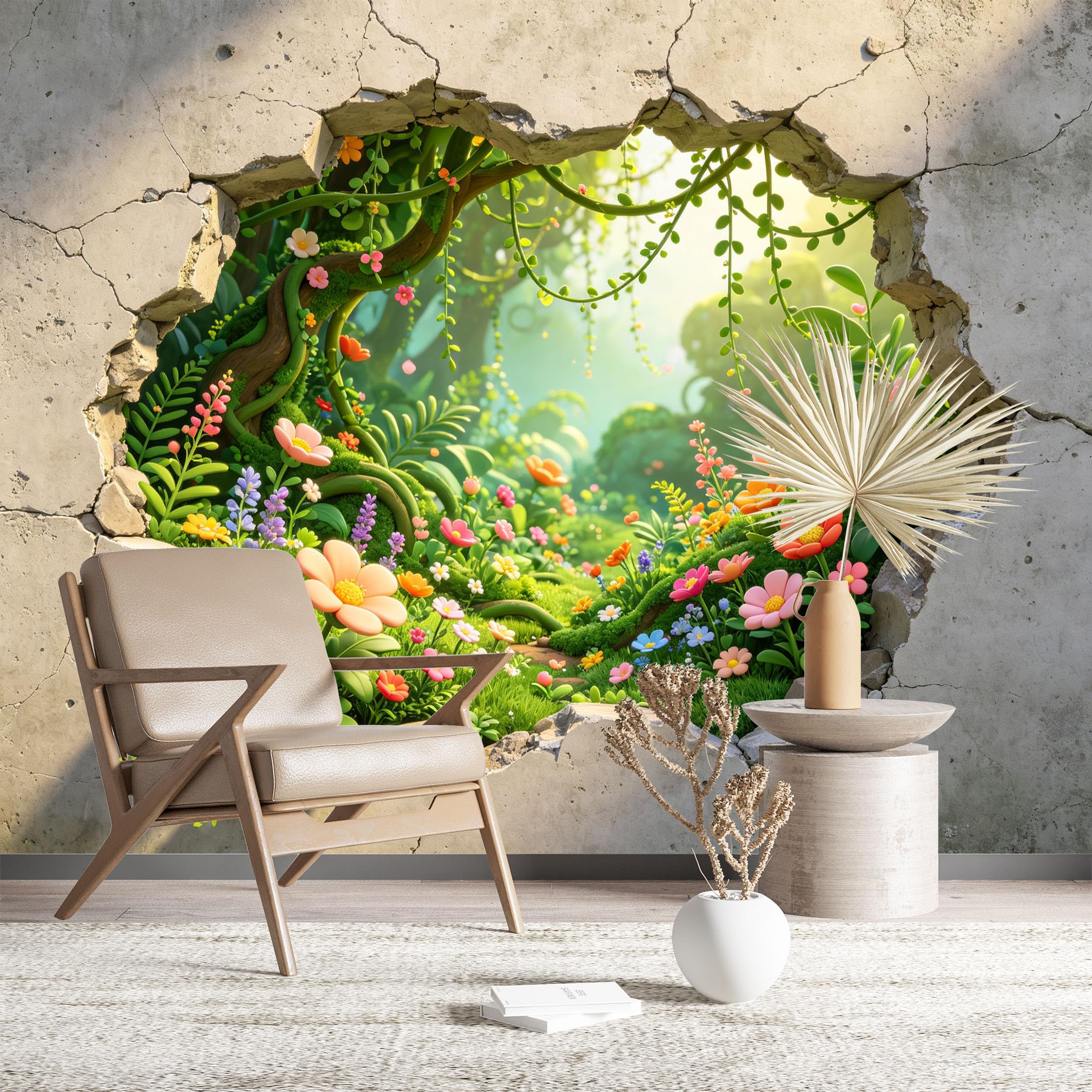 Custom Size Wall Murals Tropical Forest Seen Through Cracked Wall Full Wall Self-Adhesive Wall Fabric (NO PVC) Removable Wallpaper for Kids Room Bedroom