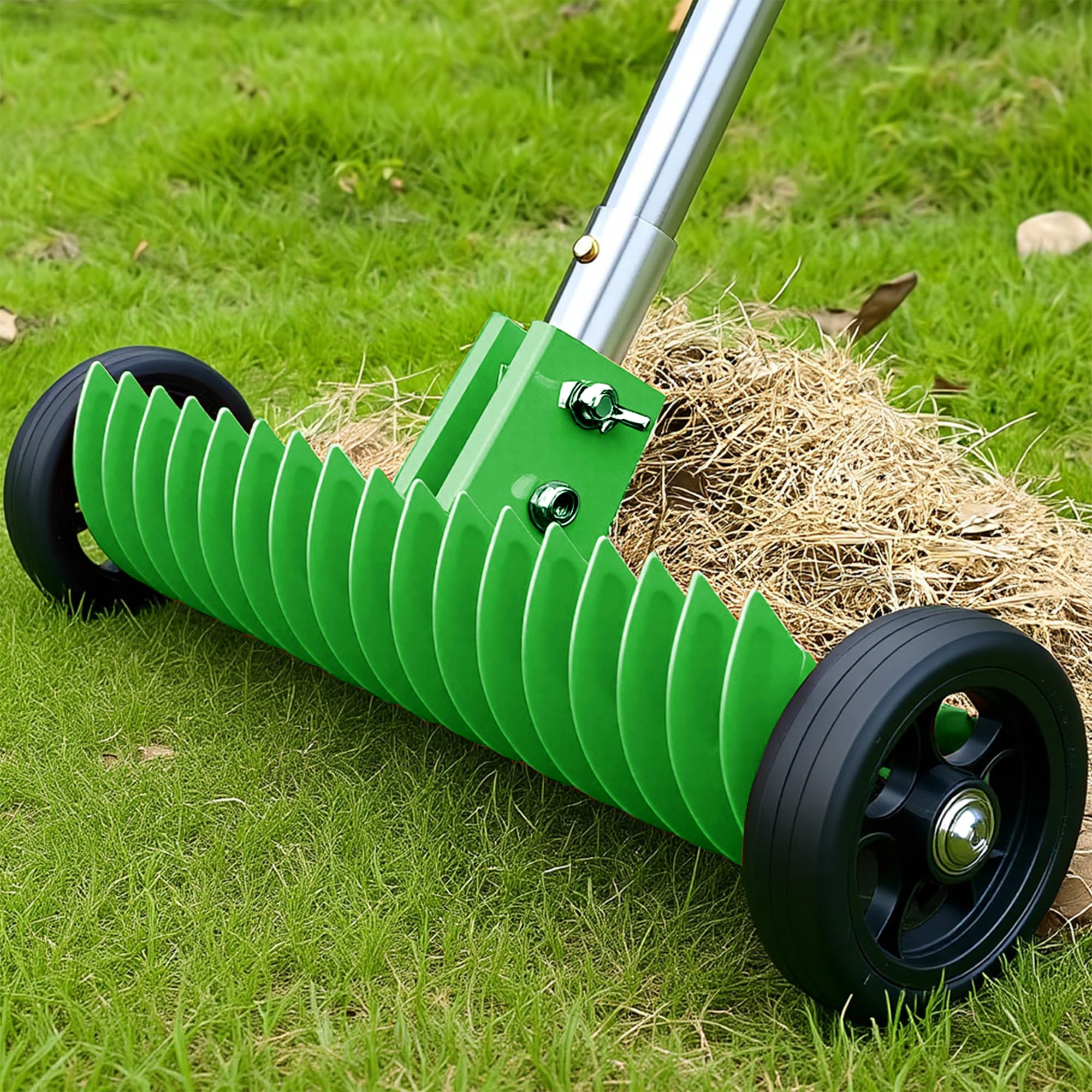 SOHNVWTGD Thatch Rake for Lawn, 15-Inch Dethatcher Rake with Rolls Efficient Steel Metal Rake, Dethatching Rake Adjustable 0-15°, 38-68 Inch Handle, Heavy-Duty Thatching Rake for Dead Grass (Black)