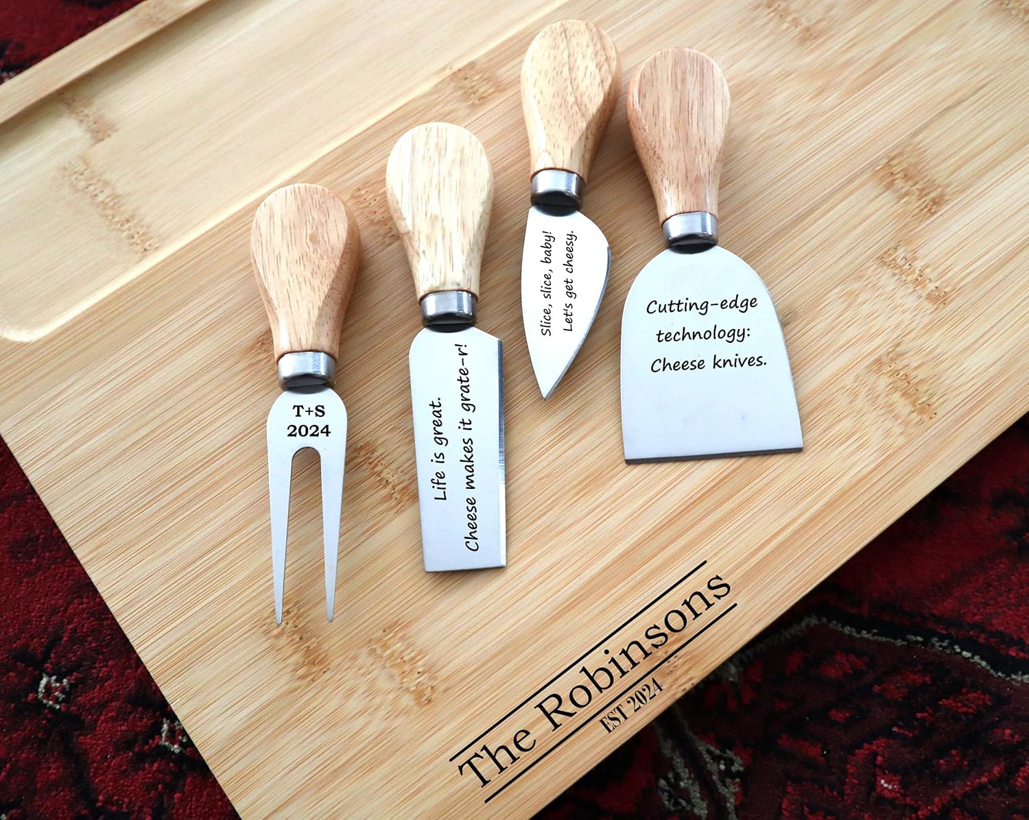 Custom Engraved Cheese Knives Set Personalized For Charcuterie Board With Wooden Handles | Personalized Charcuterie Knife For Cheese and Charcuterie Board To Give As Housewarming New Home Wedding Gift