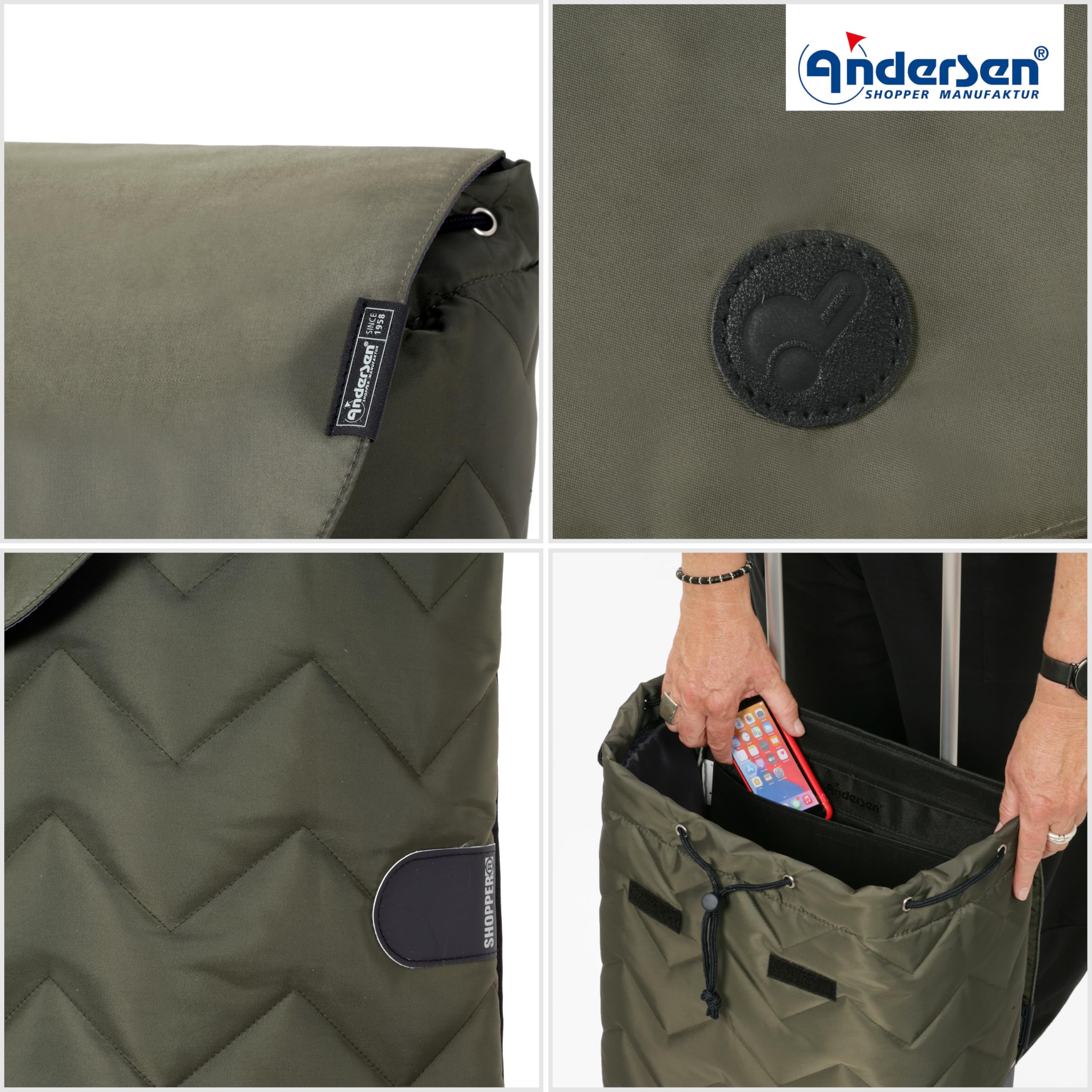 ANDERSEN Wózek na zakupy – Alu Star Shopper Hilma Oliv 45 l, pojemny, wysokiej jakości, stylowy, aluminium, z regulacją wysokości, zdejmowane koła