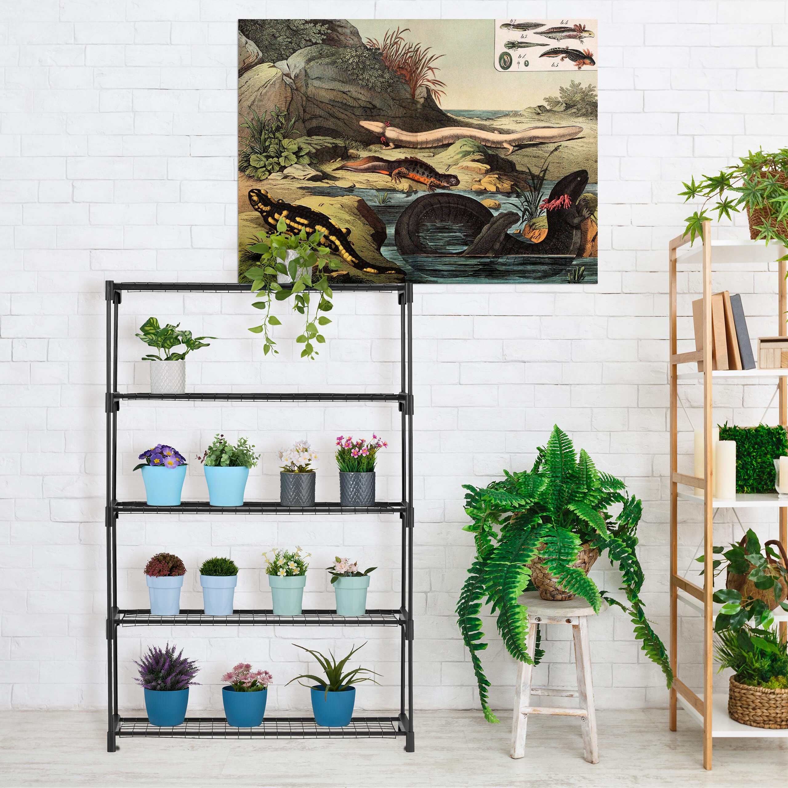 Relaxdays Estantería para Plantas, 5 Niveles, Mueble Macetas Flores y Hierbas, Soporte Metálico, 140 x 91 x 28 cm, Negro