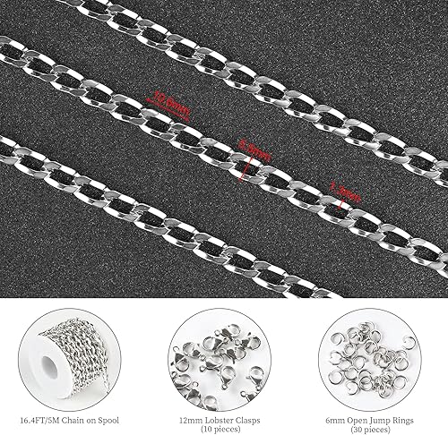 Miniatura 2 de KYUNHOO Cadena de acero inoxidable 304 de 16.4 pies para hacer joyas, cadenas pesadas de eslabones cubanos para hombre, suministros para hacer