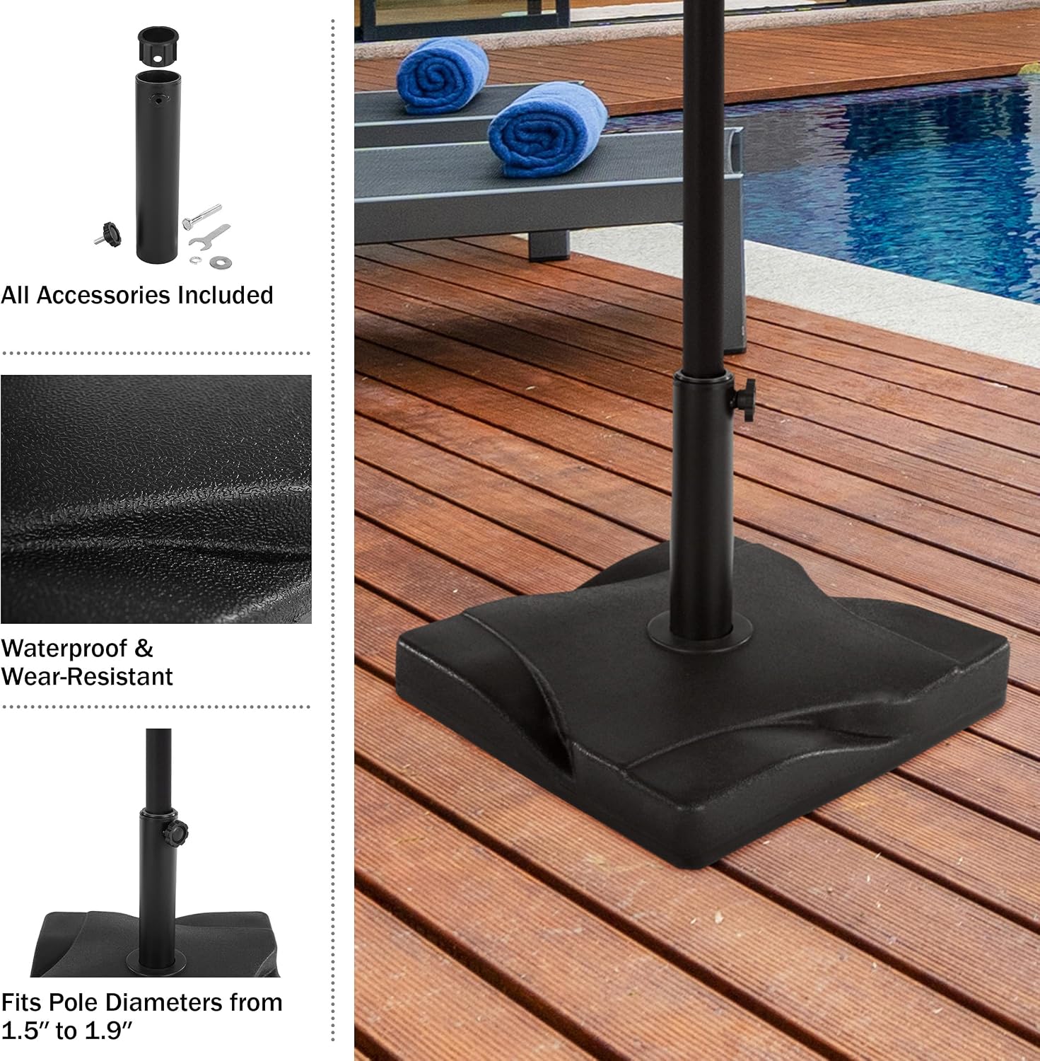 Pure Garden Patio Umbrella Base - 44lb Heavy Duty Polyethylene and Cement Patio Umbrella Stand Outdoor Base - 9.8â€ Stem Fits 1.5-1.9â€ Diameter Poles - Outdoor Shade Base for Deck or Pool (Black)