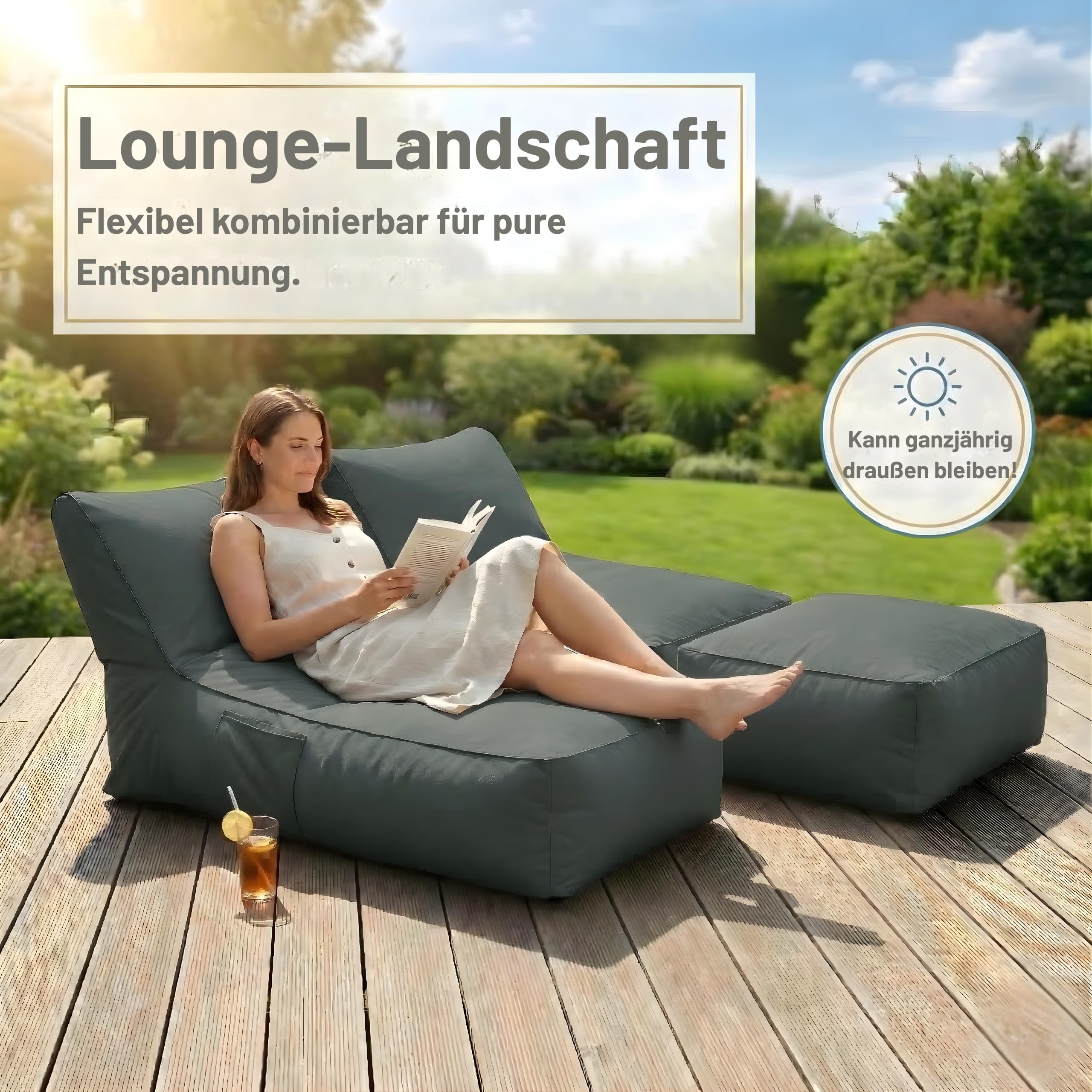 Premium XXL Outdoor Sitzsack-Liege mit Memory Foam Füllung, wetterfest & UV-beständig, 600D Oxford Nylon, für Garten, Balkon, Pool (Beige/Hellgrau/Dunkelgrau) (Dunkelgrau, Sitzsack lang)