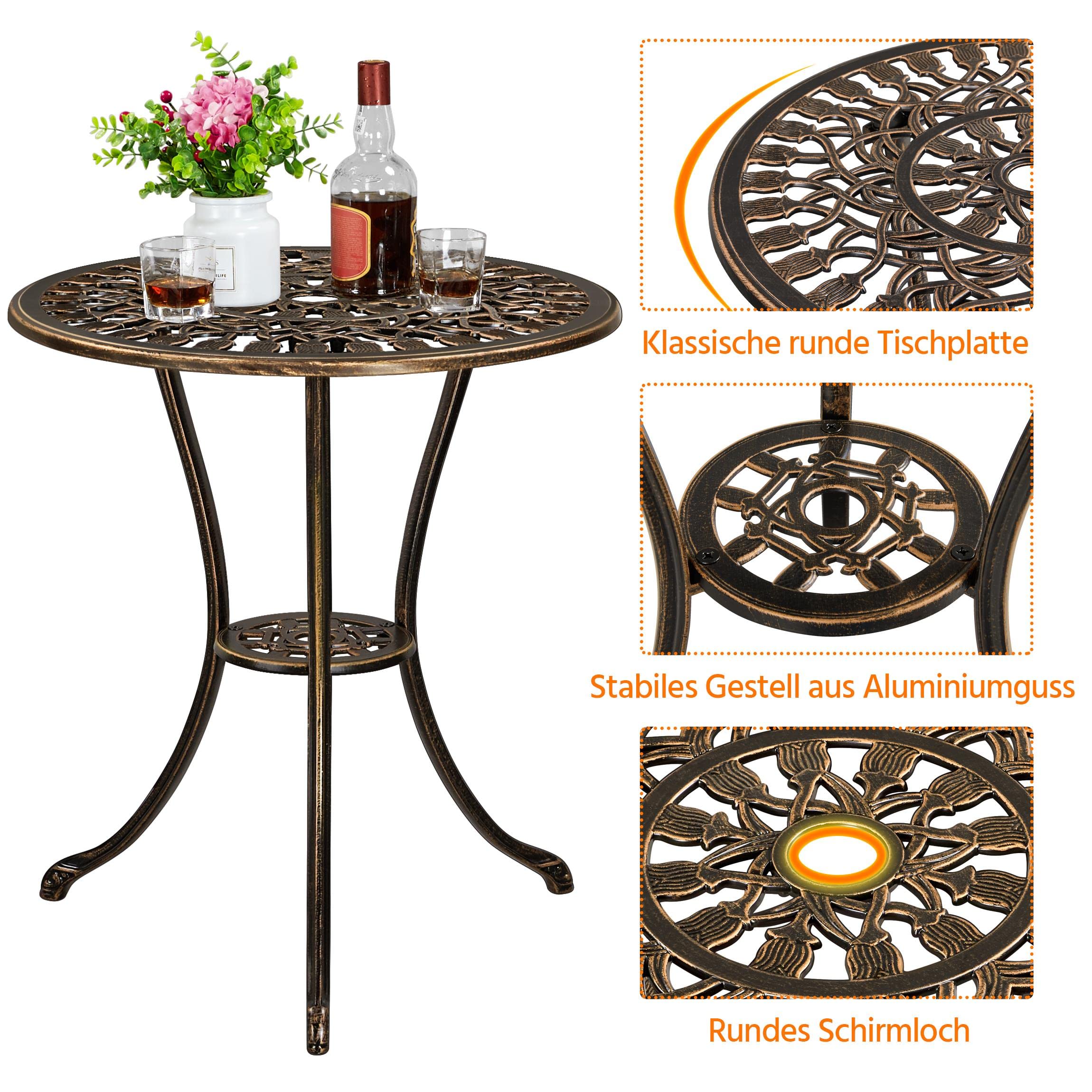 Yaheetech 3 TLG. Bistroset Sitzgruppe Balkonset Aluminiumguss Gartentisch mit 2 Stühlen Gartengarnitur Gartenmöbel für Garten und Balkon, Bronze