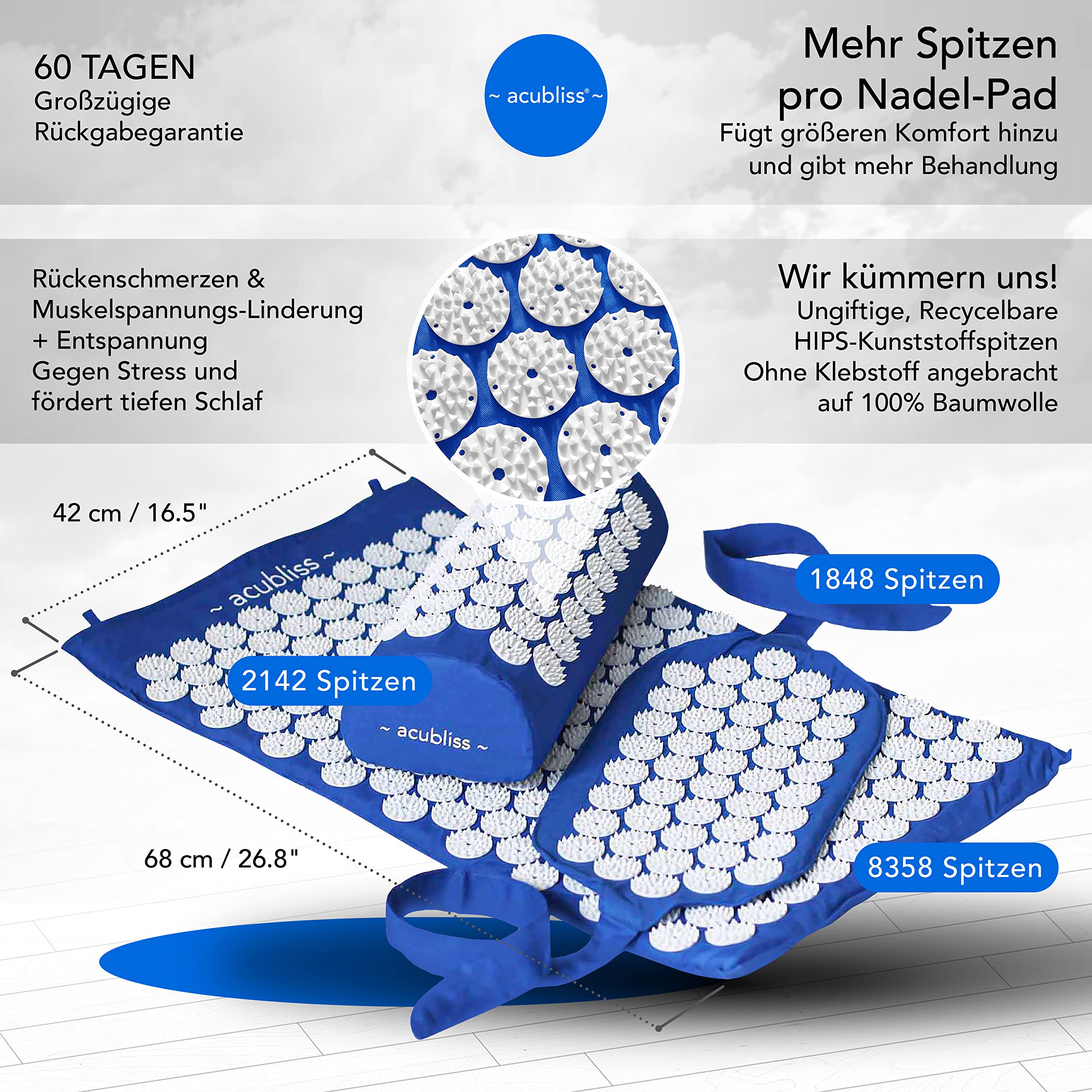 Akupressurmatte und -kissen – Akupressur Set mit Gurt – Gegen Nacken- und Rückenschmerzen – Akupressurmatte mit Kissen und Gurt für Mehr Energie und Entspannung – Mit Beutel – Deep Blue