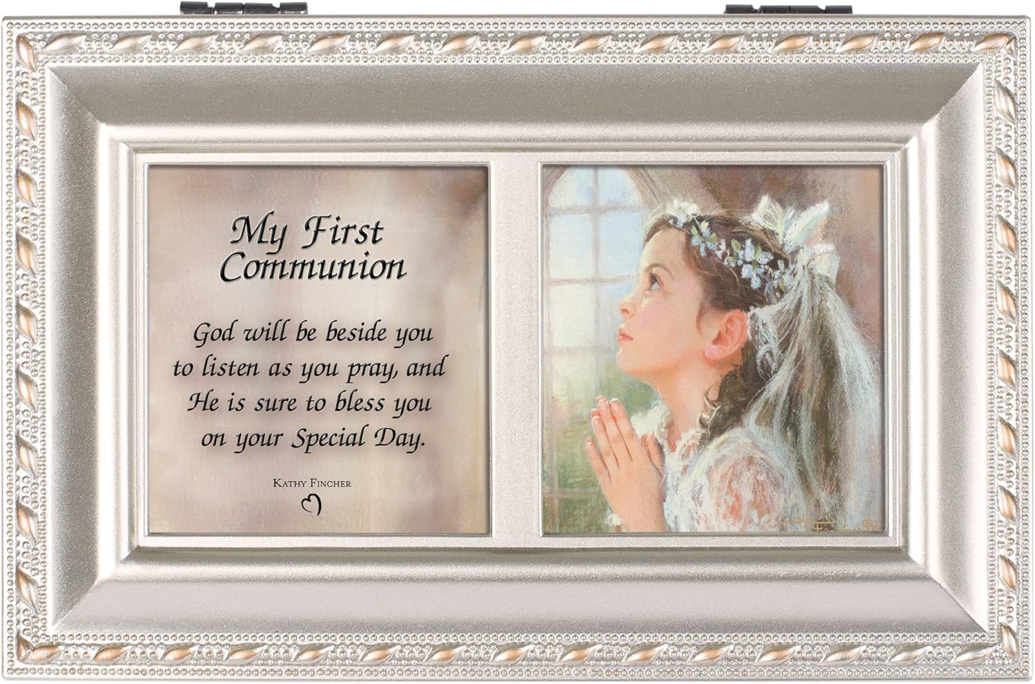 Cottage Garden First Communion God Beside You Brushed Silvertone Jewelry Music Box Plays Amazing Grace