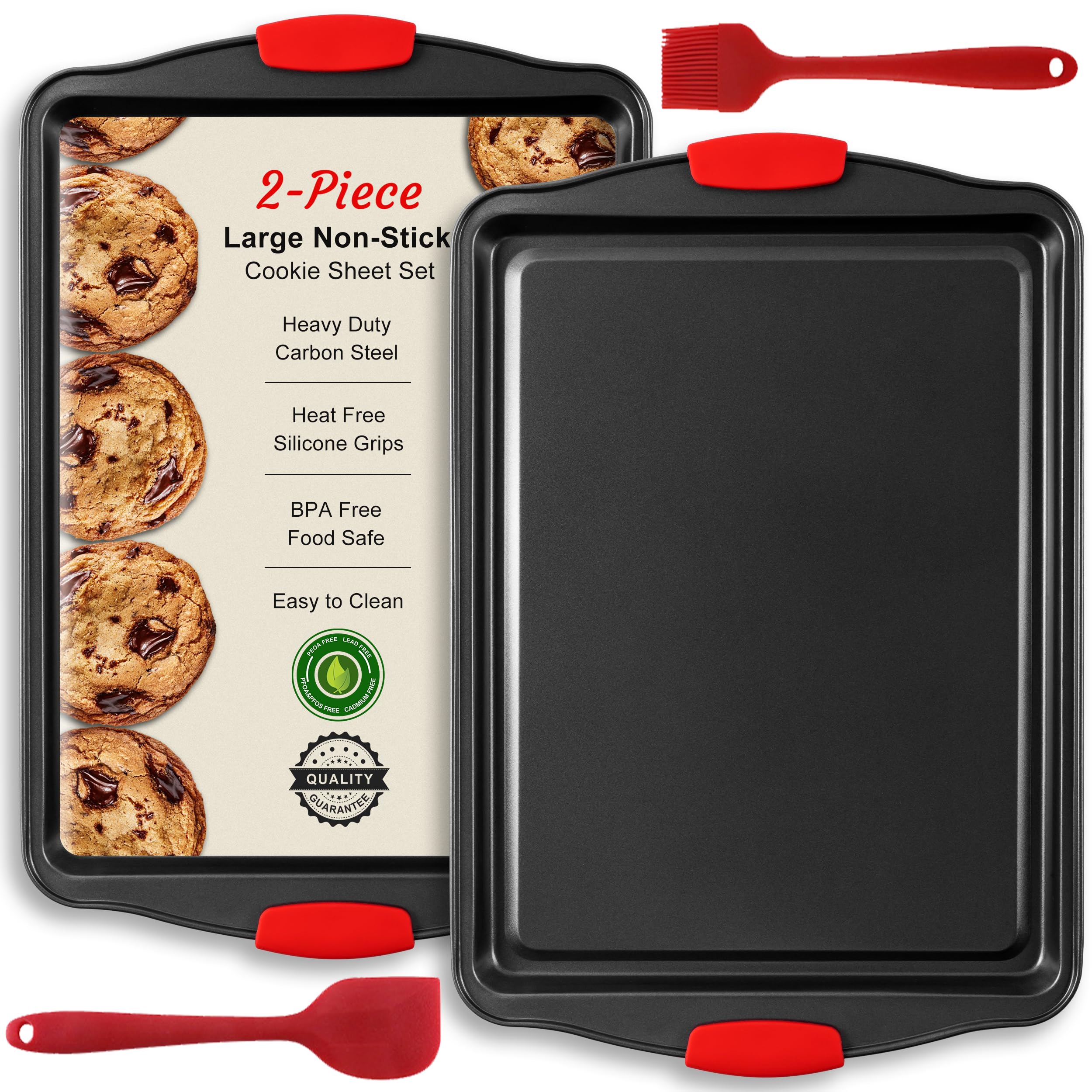 Baking Sheet Set, 2-Piece Cookie Sheet Set with Silicone Handles, Steel Baking Pans Set, Durable Baking Sheets for Oven, BPA Free Cookie Sheets for Baking Nonstick Set, Sheet Pan - Black Baking Tray
