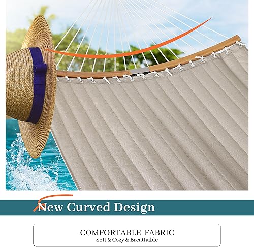 Miniatura 3 de Hamaca doble, hamaca de tela acolchada de 11 pies para 2 personas para exteriores con almohada, barra separadora curvada plegable, cadenas, bolsa de