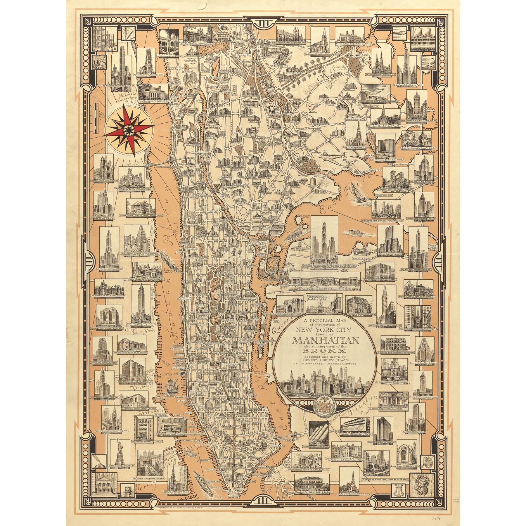 Chase 1939 Pictorial Map NY Manhattan Bronx Large Wall Art Print Canvas Premium Mural