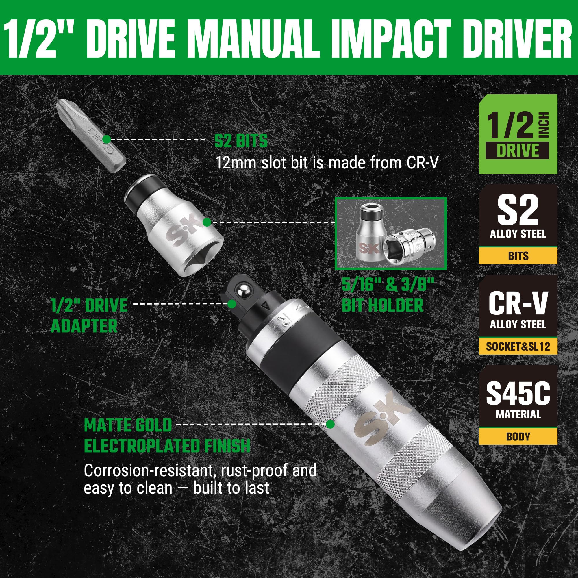 SK Juego de destornilladores de impacto manuales de 1/2 pulgadas, 40 piezas de destornillador de impacto reversible resistente con soportes de brocas de 3/8 y 5/16 pulgadas, puntas S2 y CR-V, Phillips