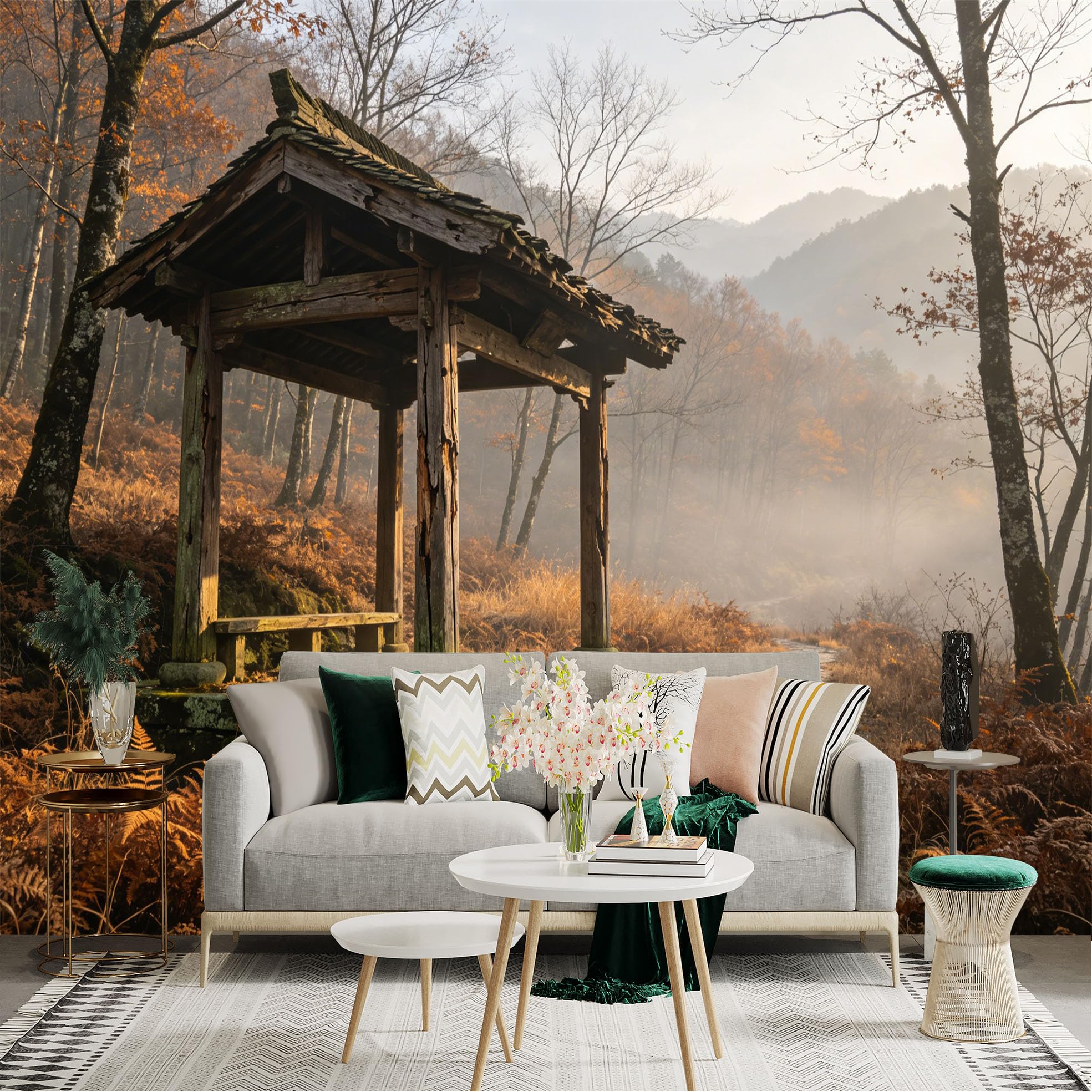 Custom Size Wall Sticker Mural， Misty Autumn Forest with Wooden Pavilion and Stone Path， for wall Decoration， peelandstick wall Decals.