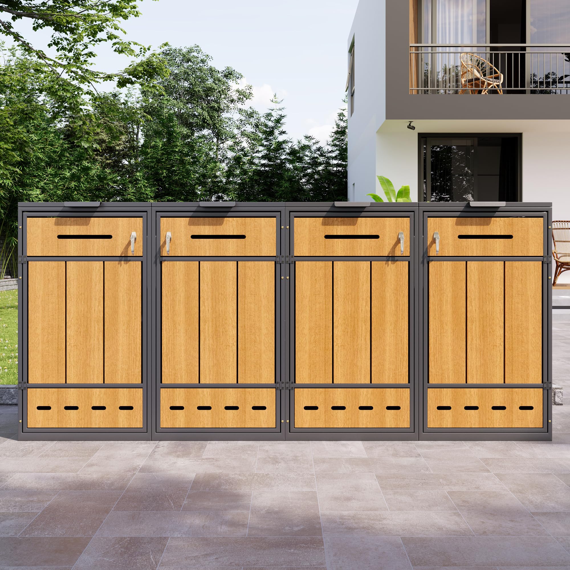 Caja para contenedores de basura, puede contener dos contenedores de basura (120-240 litros), con orificios de ventilación, compartimentos de almacenamiento de basura, con cerradura, dos puertas (1)