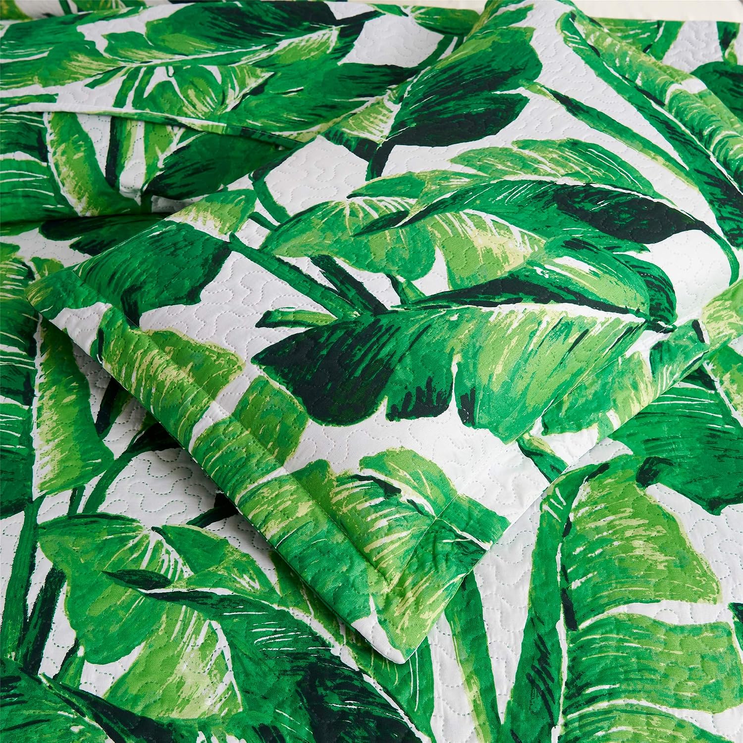 Bedspread Coverlet Set King Size Quilt Set Bedding Leaves Quilts Spring Summer Lightweight Bedding Reversible Quilts Bedspread Home Quilt for King Bed Tropical Green Plant Tree Leaf Print Bedspread