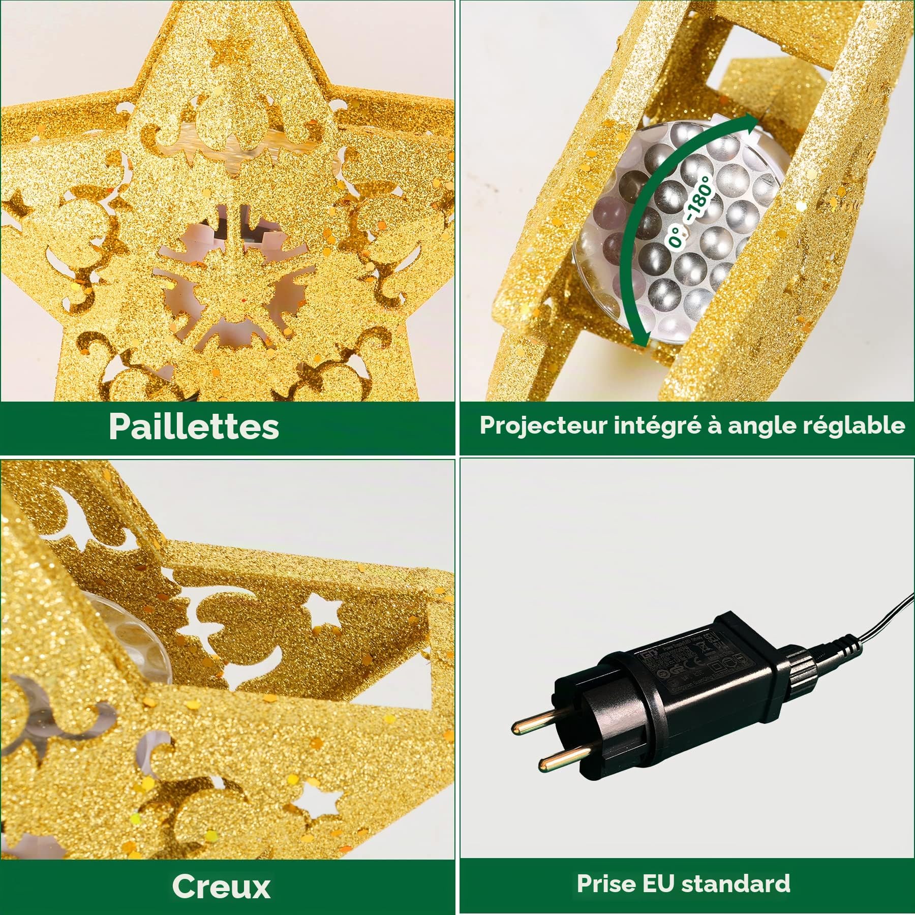 Étoile Lumineuse pour Cime de Sapin de Noël - Projecteur LED Rotatif, Cimier et Sommet de l'Arbre pour Décoration
