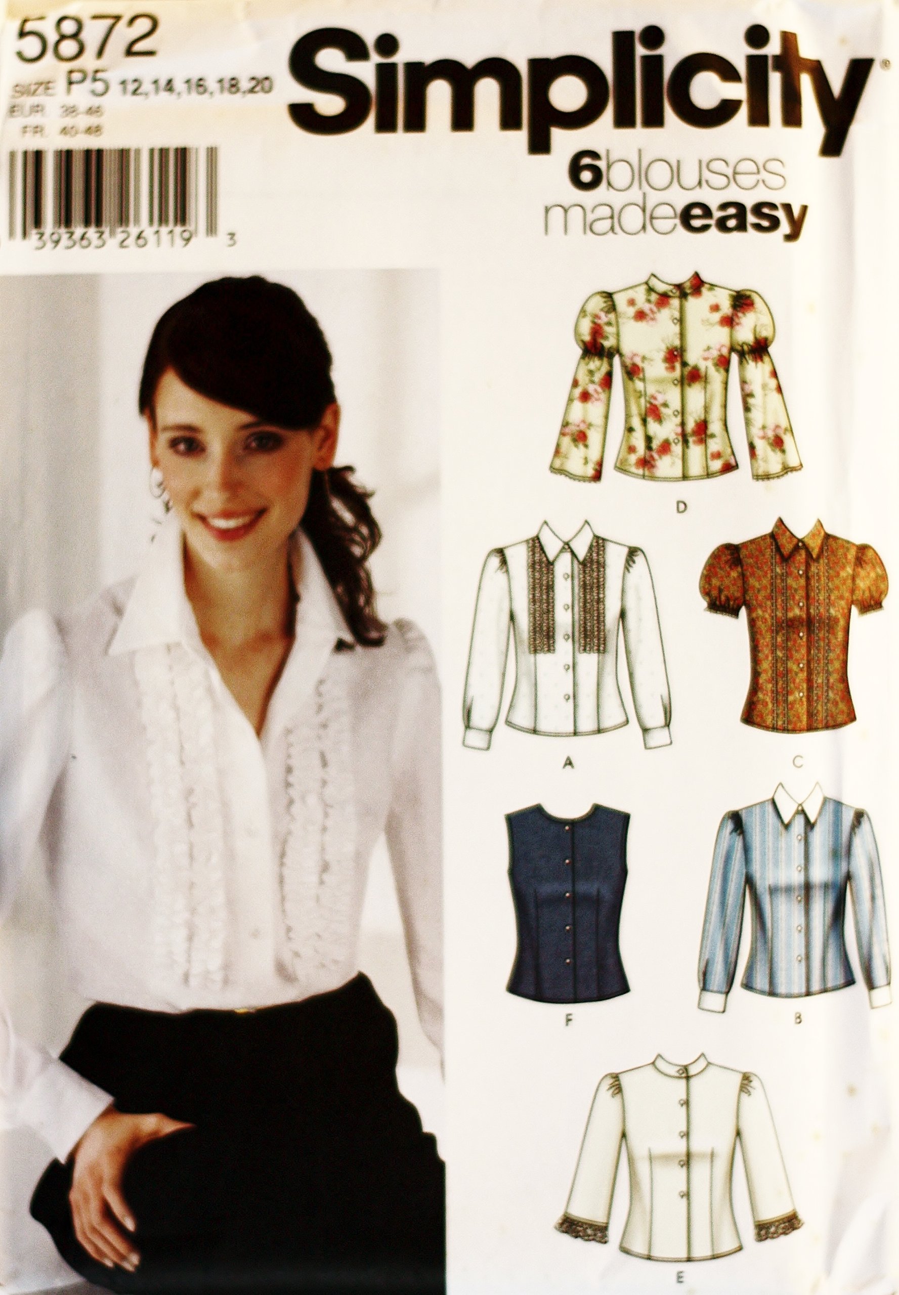 OOP Simplicity Sewing Pattern 5872. Misses Szs 12,14,16,18,20 Blouse (With or Without Front Tucks), with Sleeve & Trim Variations