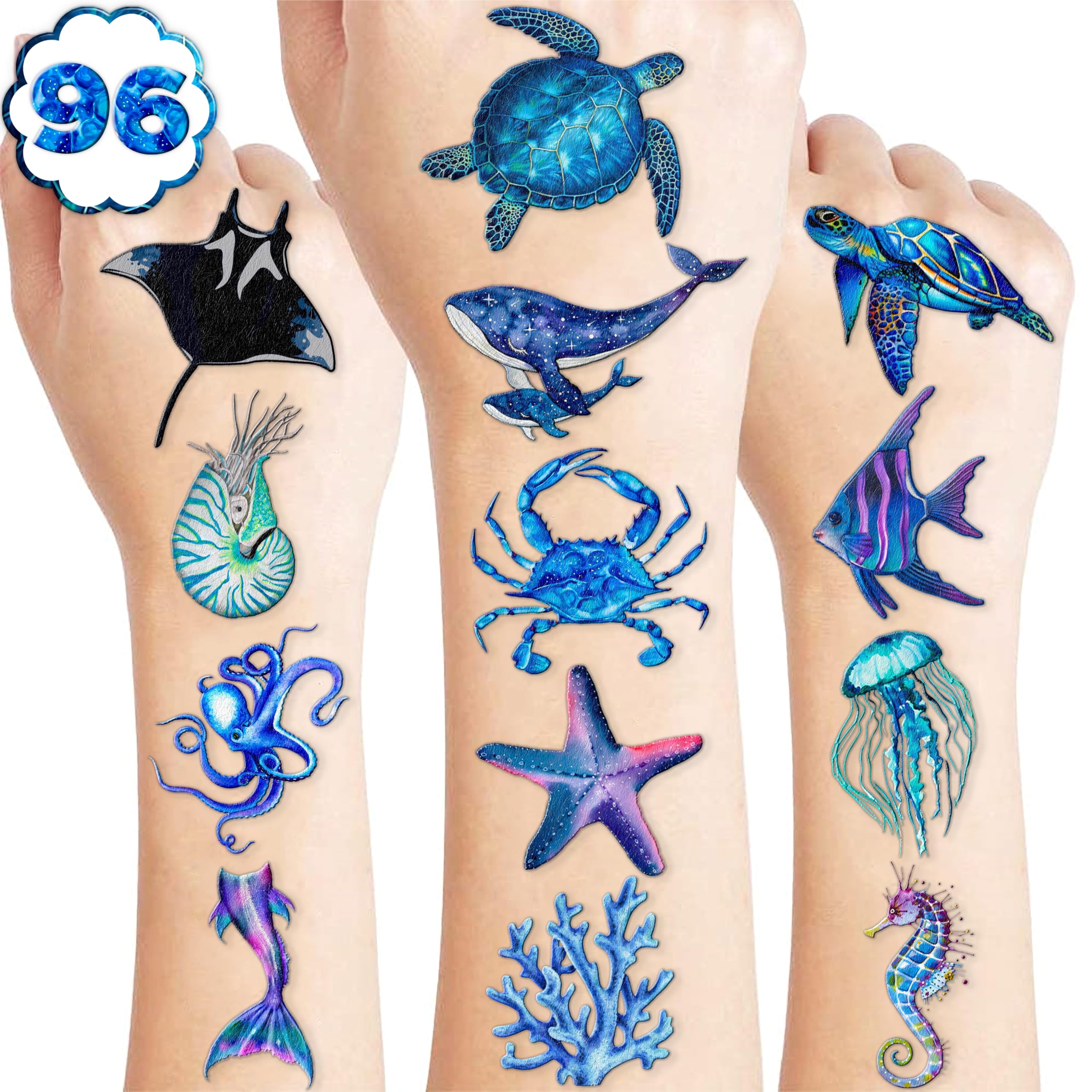 96 PCS Ocean Temporary Tattoos Themed Birthday Party Decorations Favors Supplies Décor Under The Sea Turtle Blue Die Cut Tattoo Stickers Gifts For Game Boys Girls Classroom School Prizes Reward