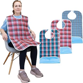 AMU Solutions 3-Pack Adult Bibs, Washable, 18x36 Inches, Hook and Loop Closure, Vinyl Backing, Optional Crumb Catcher - Reusable and Durable