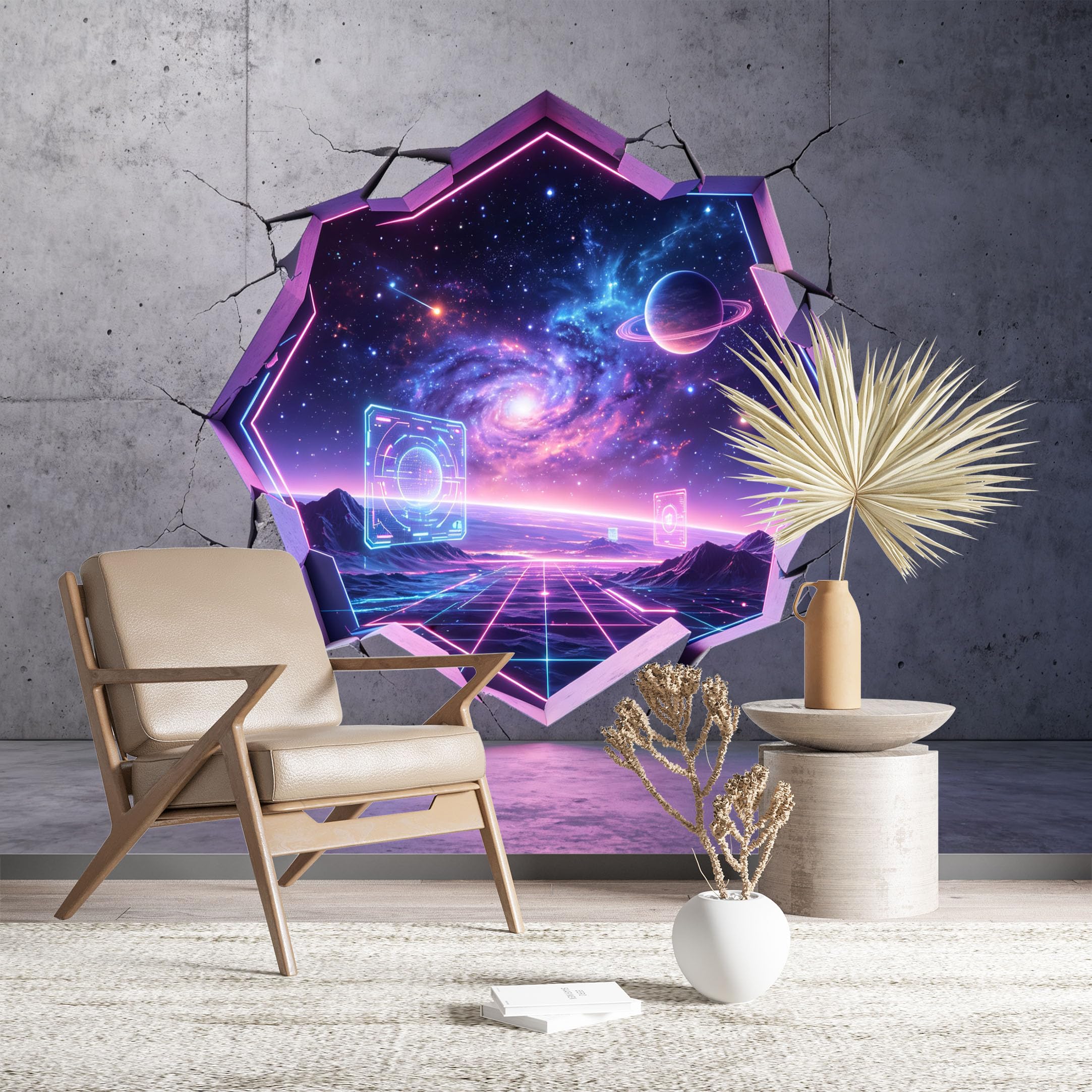 Custom Size Wall Murals Neon Galaxy Through Cracked Wall Self-Adhesive Wall Fabric (NO PVC) Removable Wallpaper for Game Room Kids Room