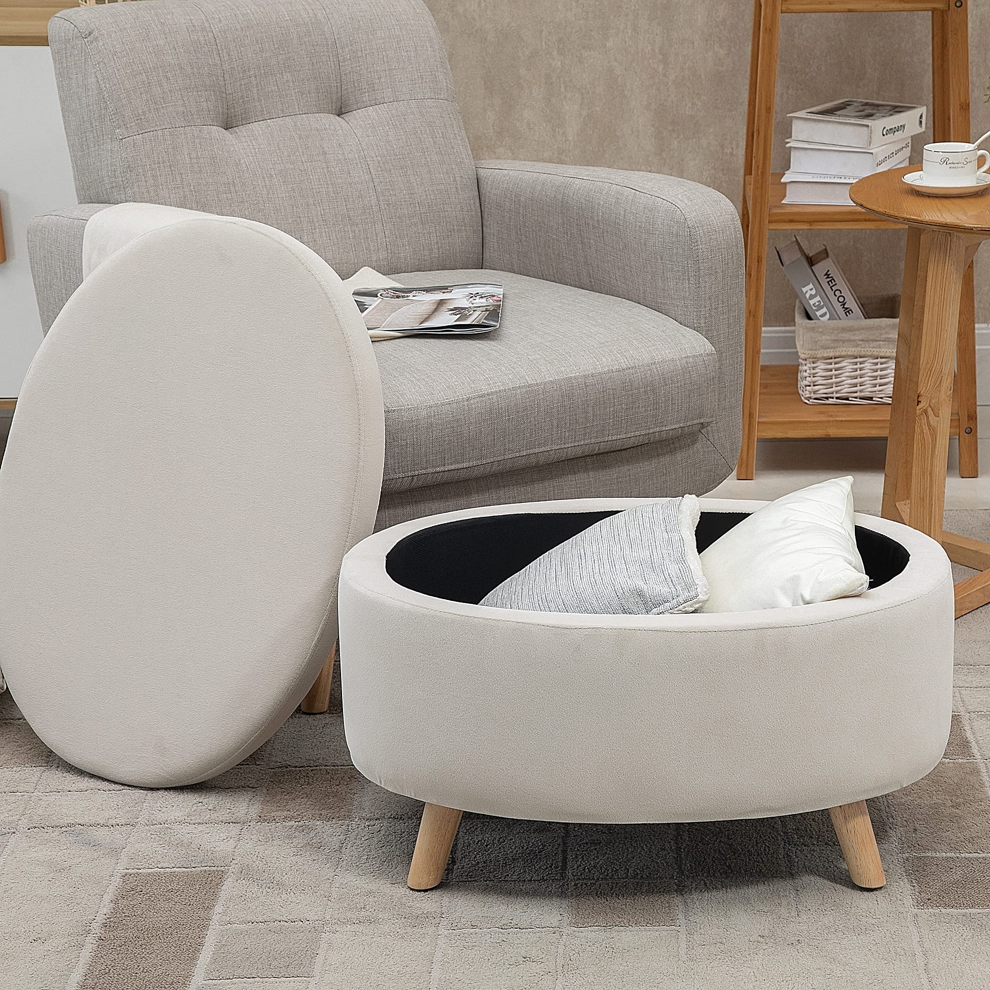 HOMCOM Puff Almacenaje Ovalado, Banco Almacenaje, 71x51,5x42 cm, Tapizado en Terciopelo, con Patas de Madera Maciza, Carga 120 kg, para Sala de Estar, Dormitorio, Entrada, Beige