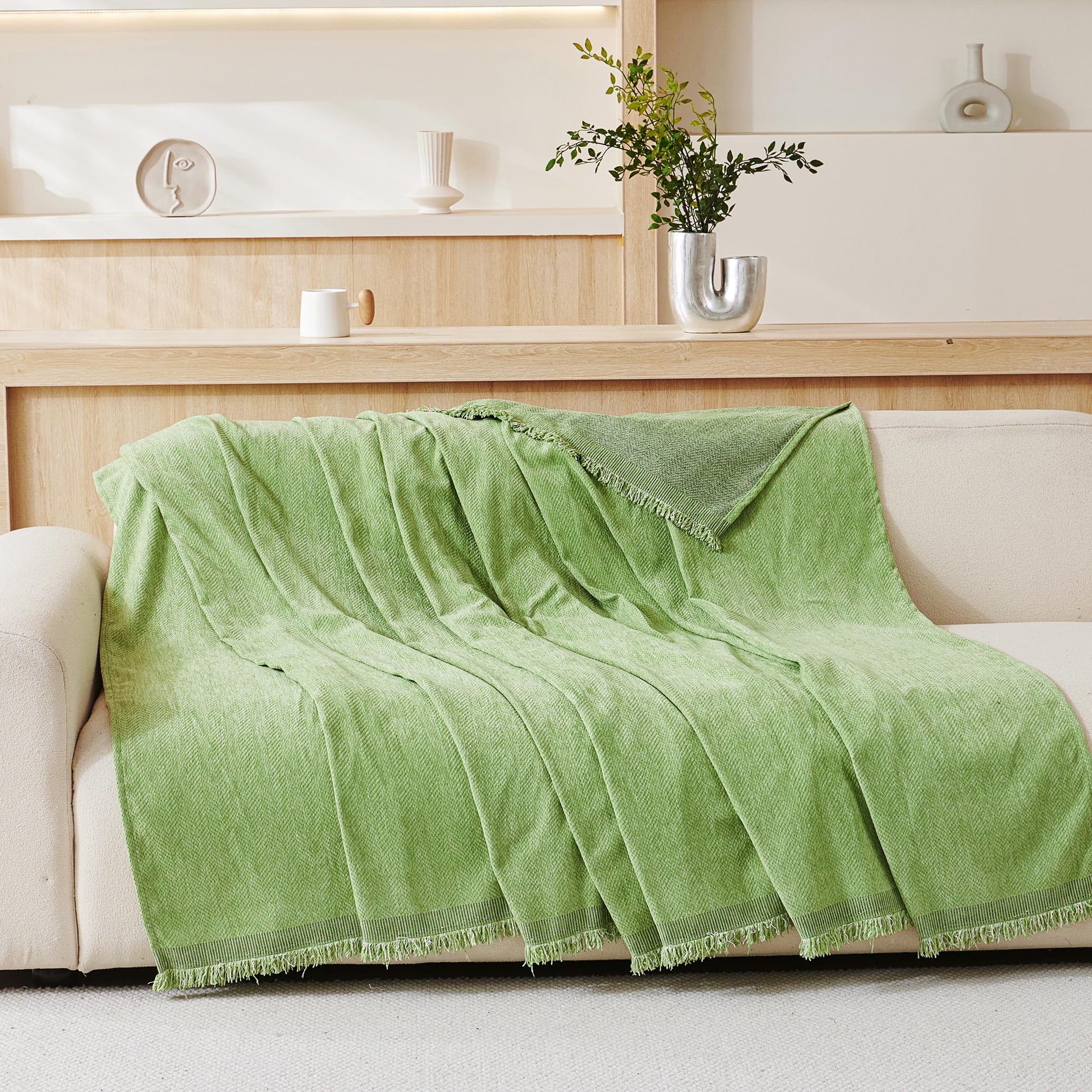 VANJOROY 100% Chenille Natural Sofa Large Throw Blanket For Single Seater -Throws for Armchair, Luxury Soft Throw for Chair Couch and Bed, Sage Green-130 x 180cm — image 1