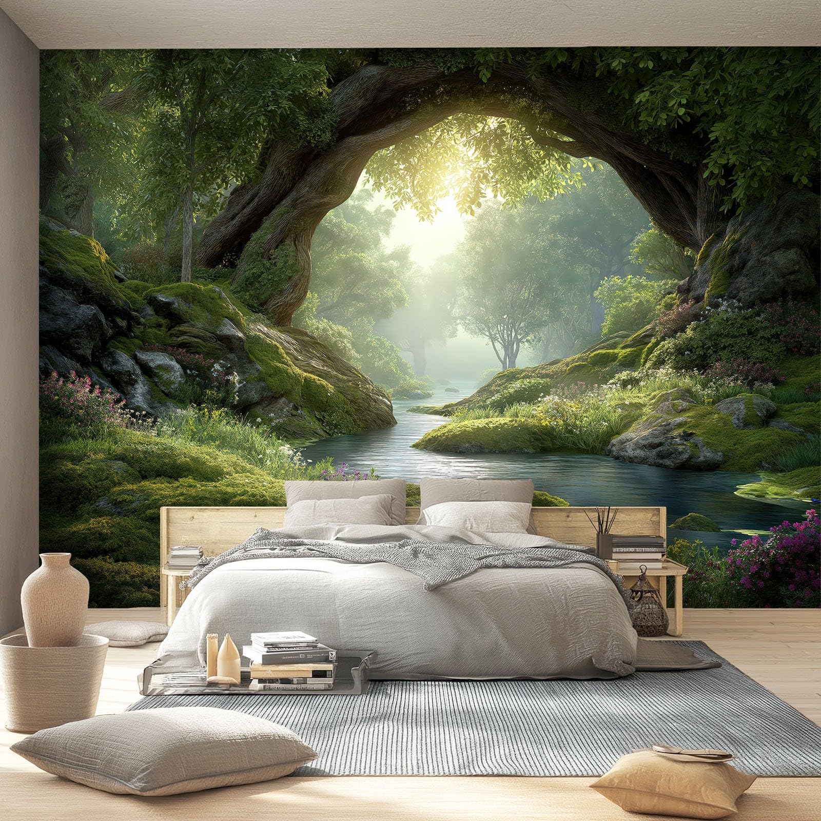 Art Papel Tapiz Fotográfico Paisaje De Fantasía Bosque Plantas Papel Pintado 300 x 210 cm, Art Mural De Pared Papel Pintado Verde Bosque Mural para Sala Estar Dormitorio Infantil Decoración