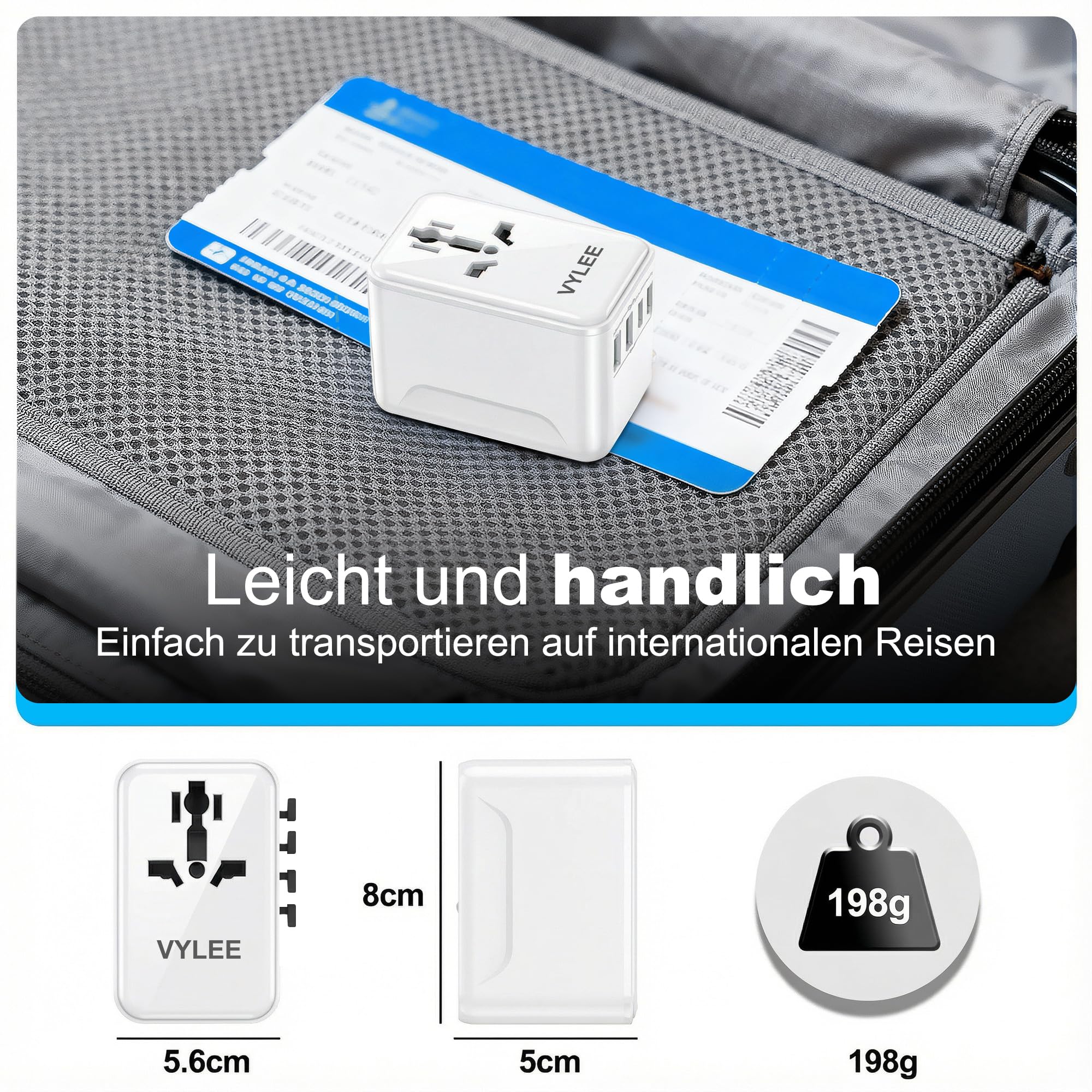 VYLEE Reiseadapter Weltweit, Typ G/D/A/I/C, Universal Reisestecker mit 2 USB A + 2 USB C,Internationaler Steckdosenadapter,Universaladapter für USA England Japan Malediven Sri Lanka Australien,Weiß