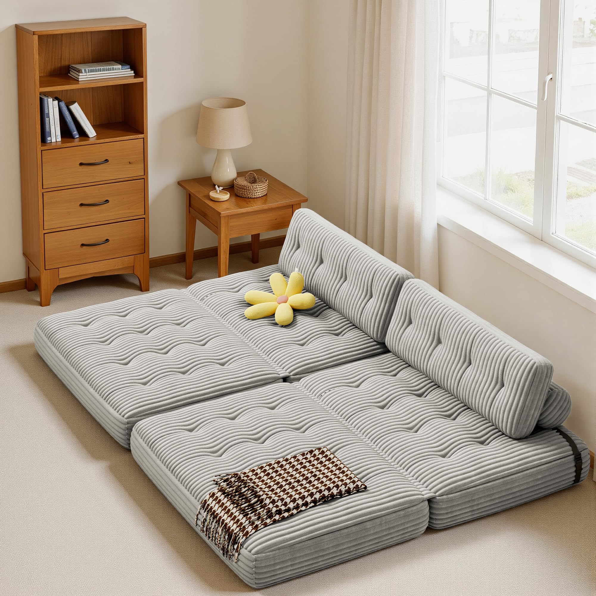 Xbro Canapé-lit Convertible 2 Places 180 x 130 x 20cm, Canapé de Sol Convertible, Matelas Pliant Sofa en Mousse à Mémoire de Forme, Pliable Chambre Salon, Gris Clair