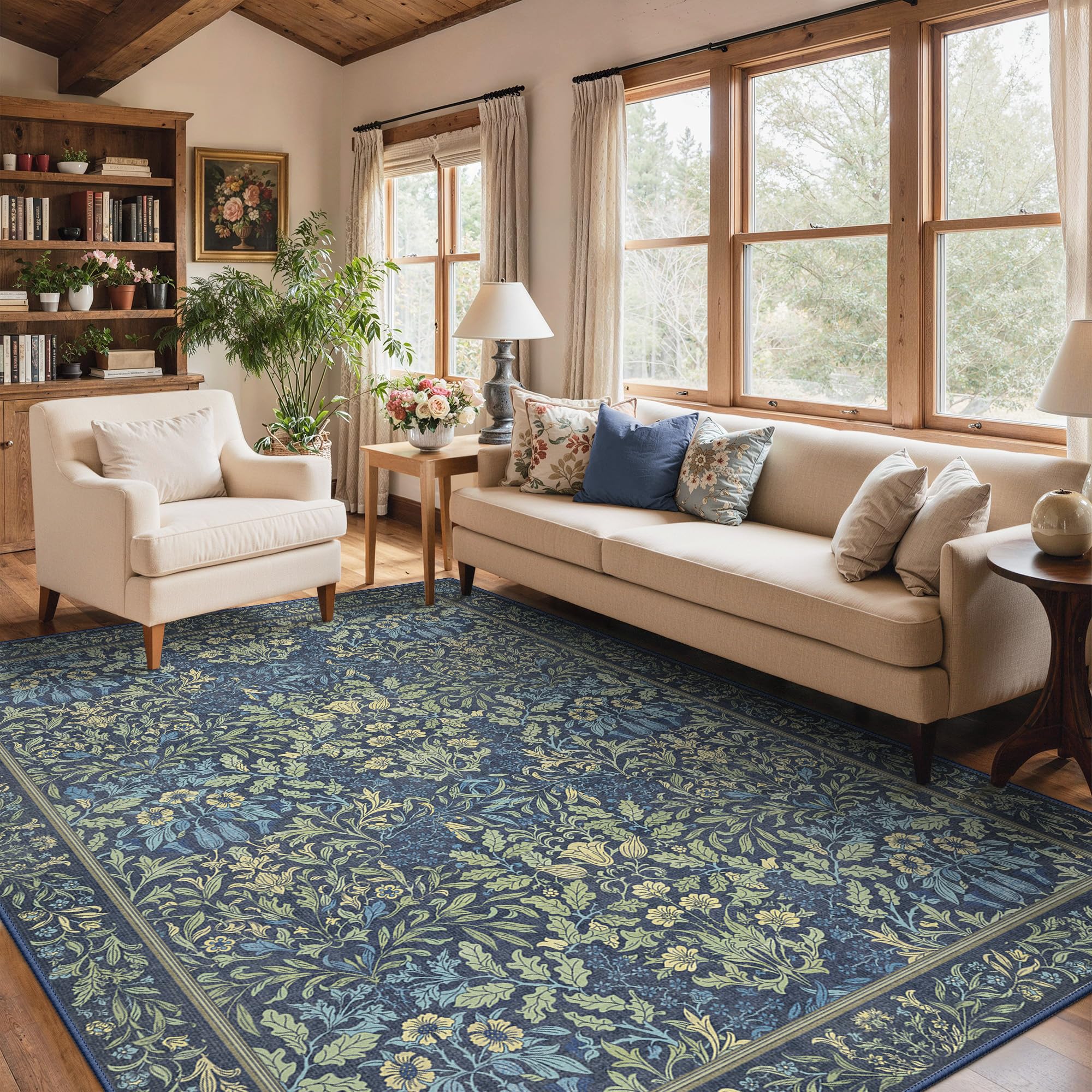 BEIMO Large Washable Rug 200x290cm, Carpet for Living Room Flower Navy Sage — image 1