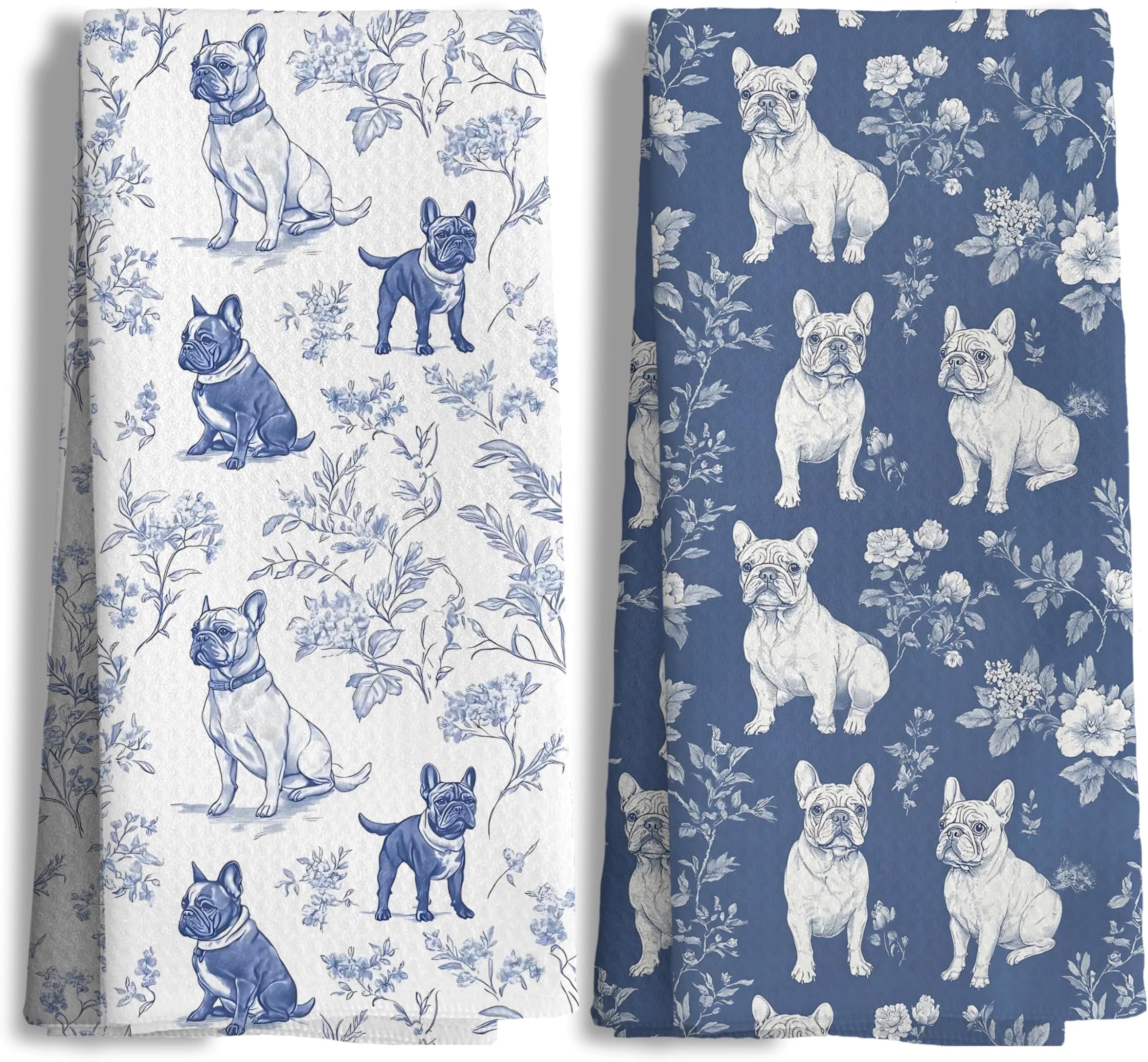 Chinoiserie French Bulldog Kitchen Towels, Blue and White Floral Botanical Grandmillennial Dog Decor Dish Tea Towels, French Bulldog Gifts Hand Towels for Kitchen Bathroom, 16x24 Inch