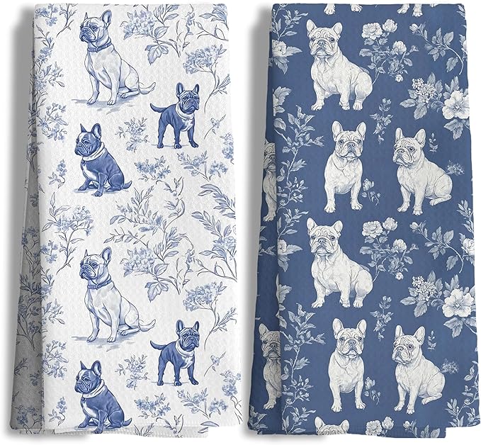 Chinoiserie French Bulldog Kitchen Towels, Blue and White Floral Botanical Grandmillennial Dog Decor Dish Tea Towels, French Bulldog Gifts Hand Towels for Kitchen Bathroom, 16x24 Inch