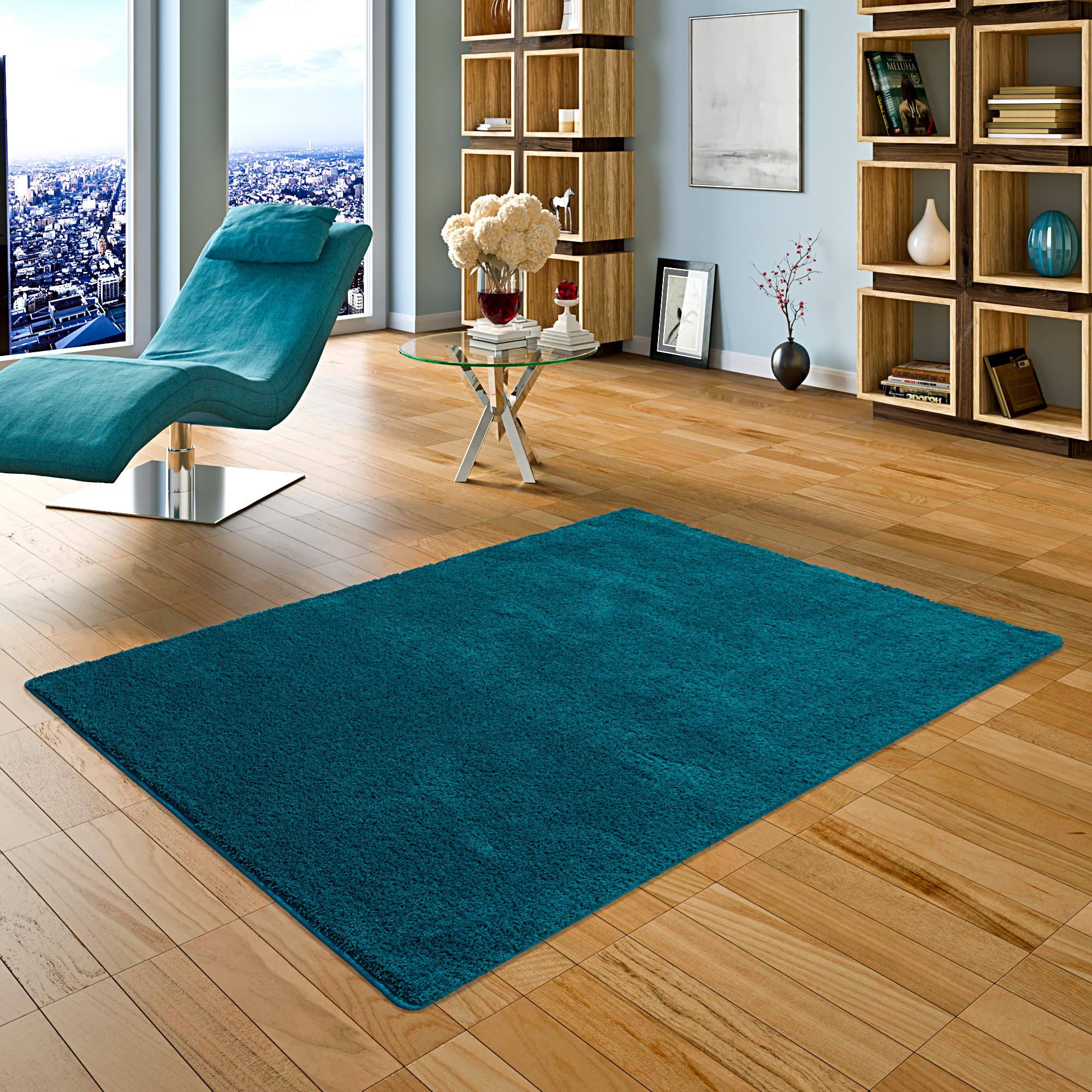 PALACE - Tapis Shaggy à Poils Longs - Sarcelle Bleu Verde - 17 Tailles Disponibles