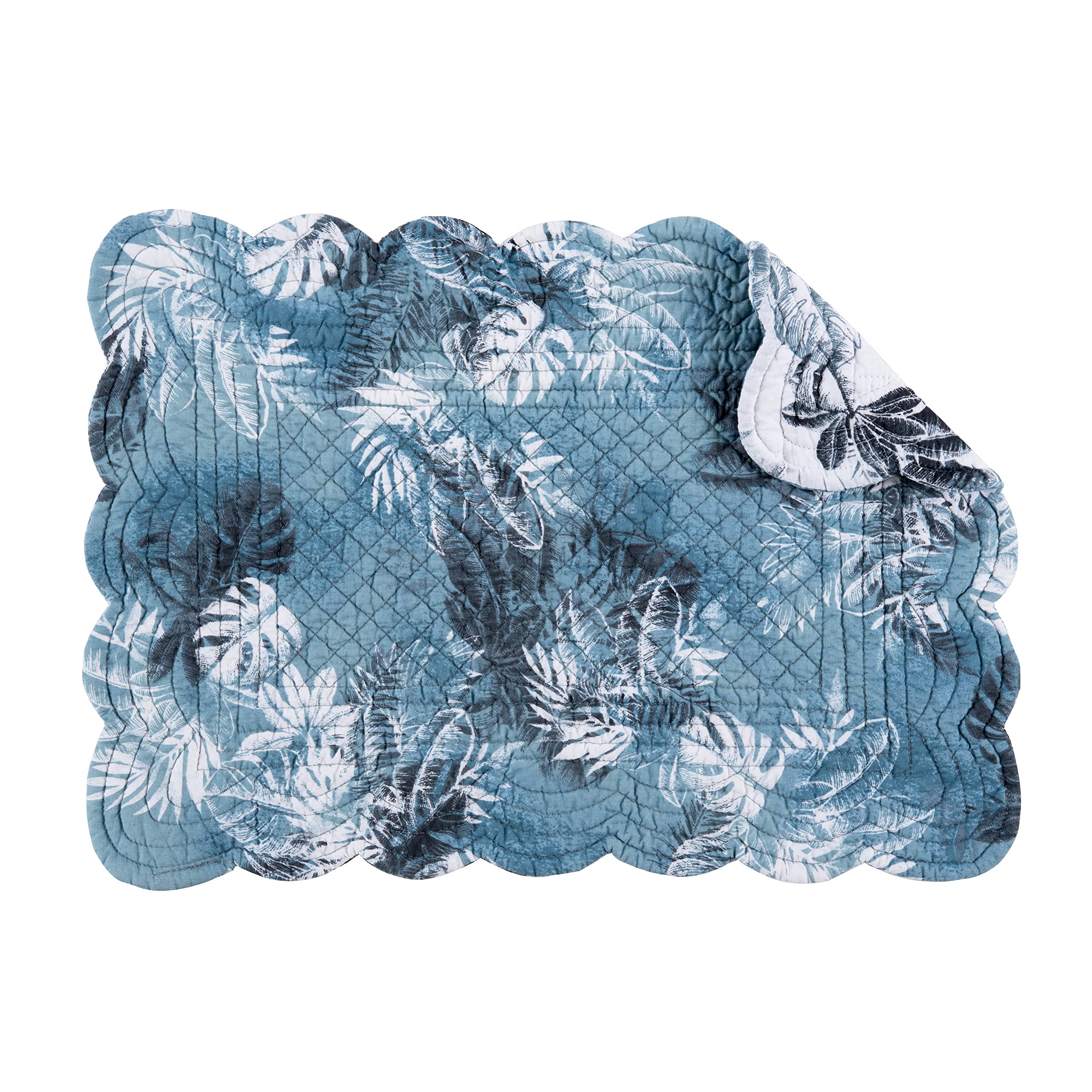 C&F Home Bruno Palms Cotton Quilted Placemat Reversible Machine Washable Scallop Edge Rectangular Placemat Blue
