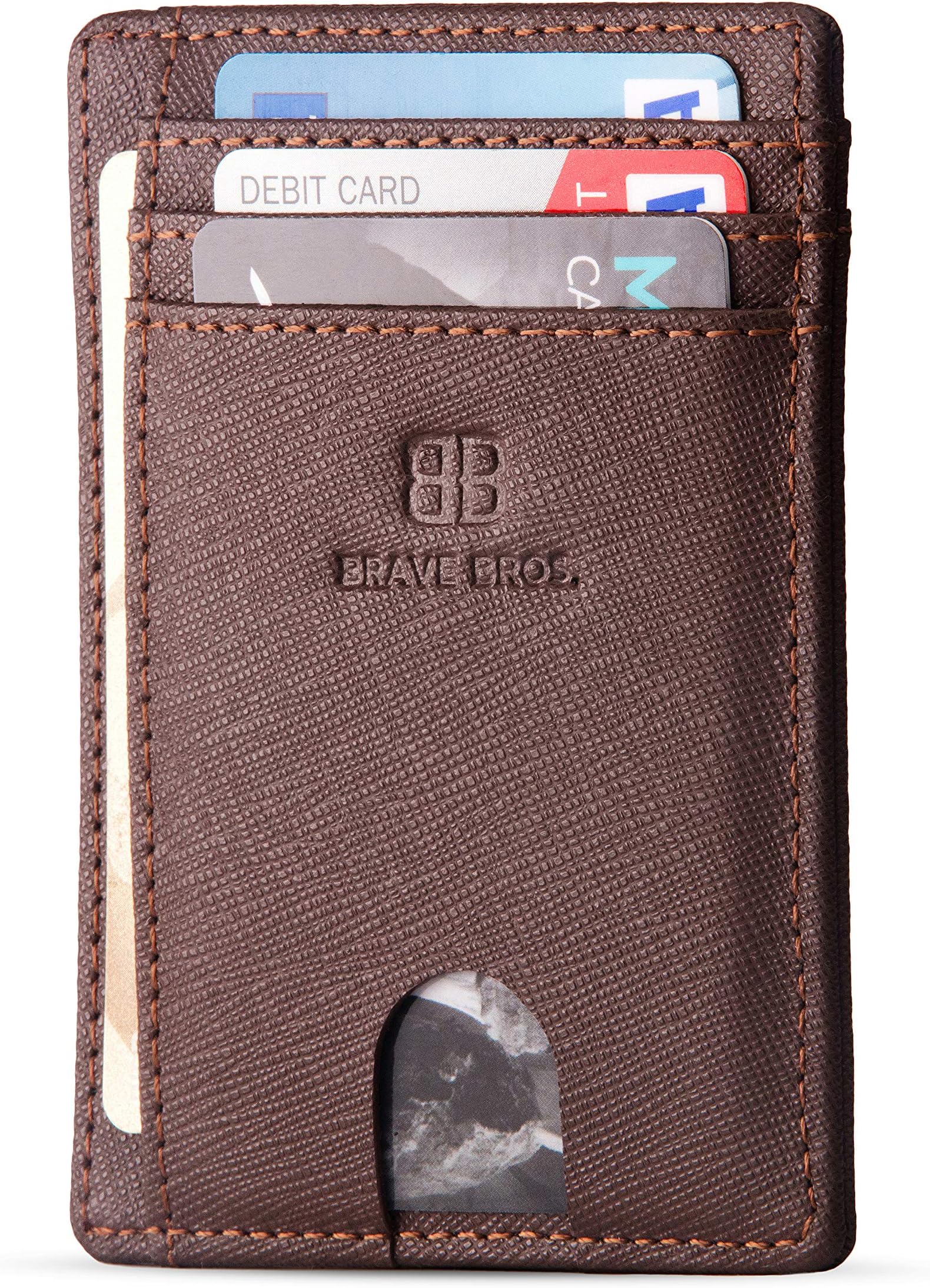 BRAVE BROS - Slim Genuine Leather RFID Blocking Minimalist Front Pocket Wallets Card Holders for Men Women (Saffiano Coffee)