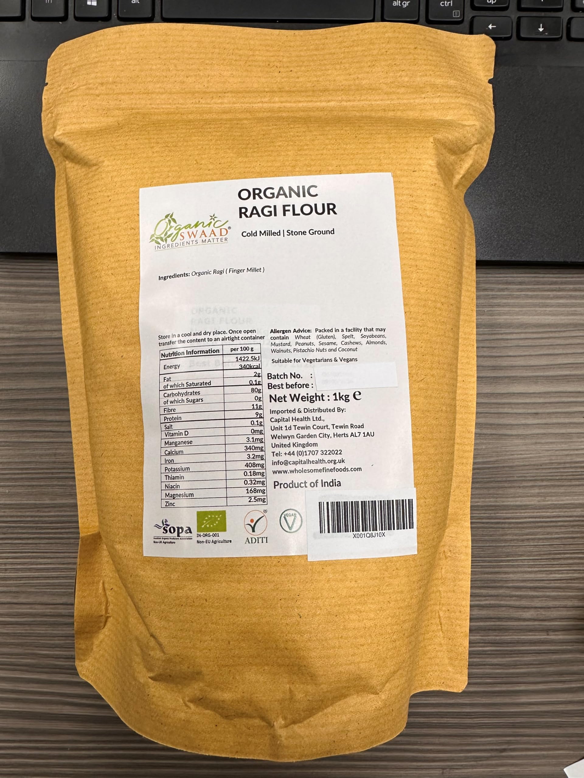 Ancient Grains Organic Finger Millet (Ragi) Flour 1kg EU, USDA and India Organic Certified