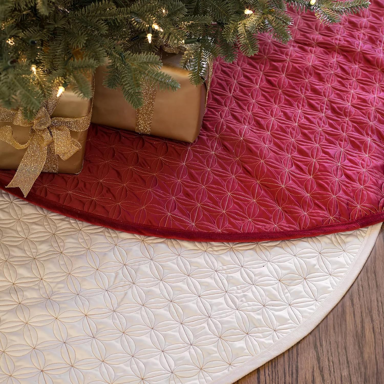 Balsam Hill Lancaster Quilted Christmas Tree Skirt - Reversible Tree Skirt with Metallic Gold Threading, Cardinal Red, 72"