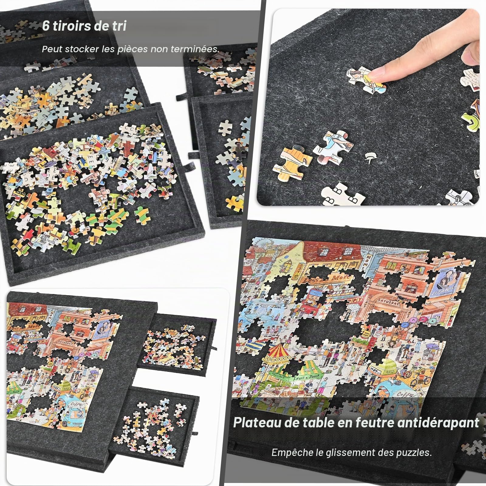 Planche à puzzle inclinable 2 en 1 avec support et couvercle - Table de puzzle ultra légère en feutre - 6 tiroirs - 1000 pièces