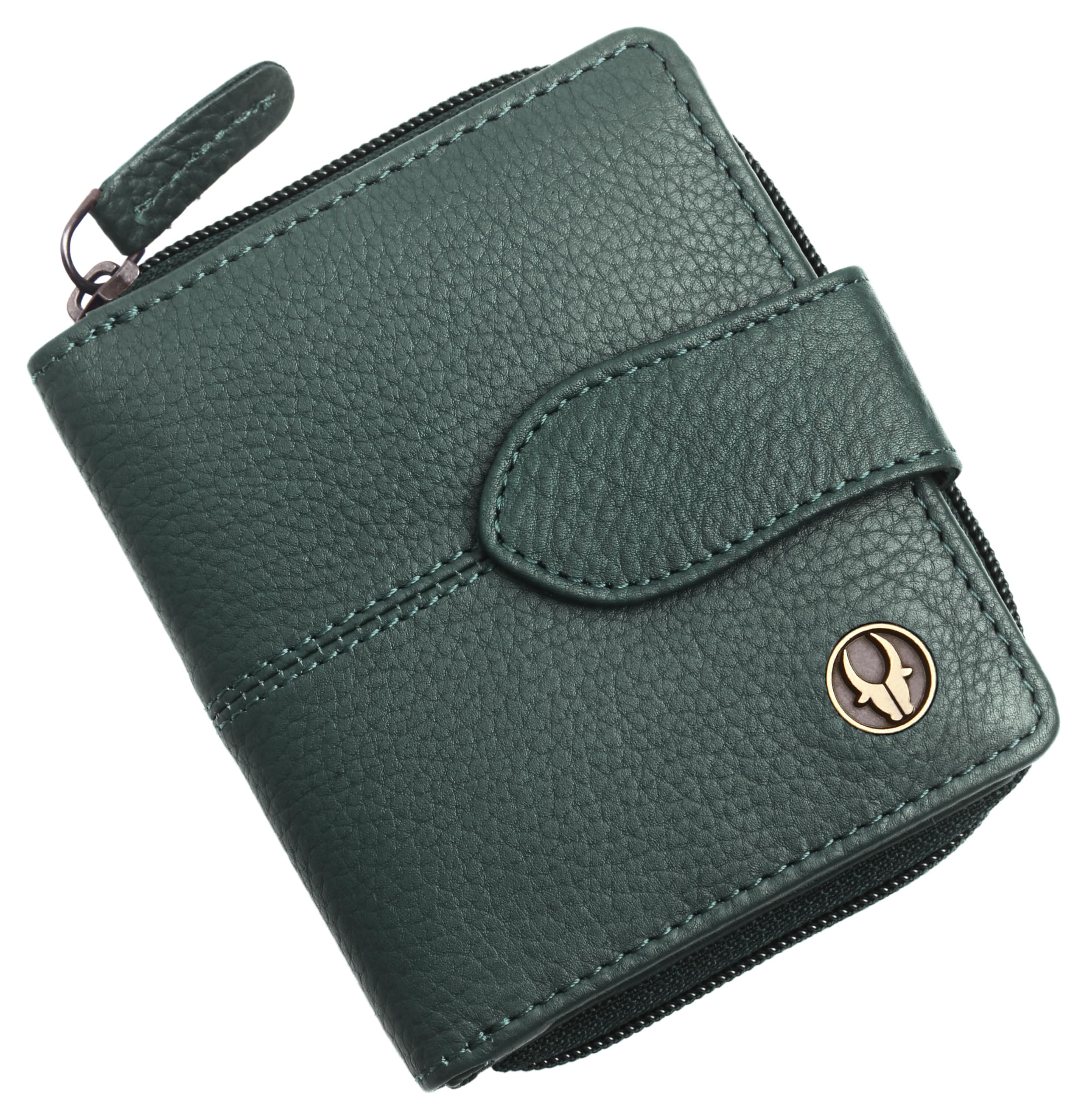 Genuine Leather Women’s Wallet – Bi-Fold Clutch with 7 Card Slots, Cash Compartment & Zip Pocket (Green)