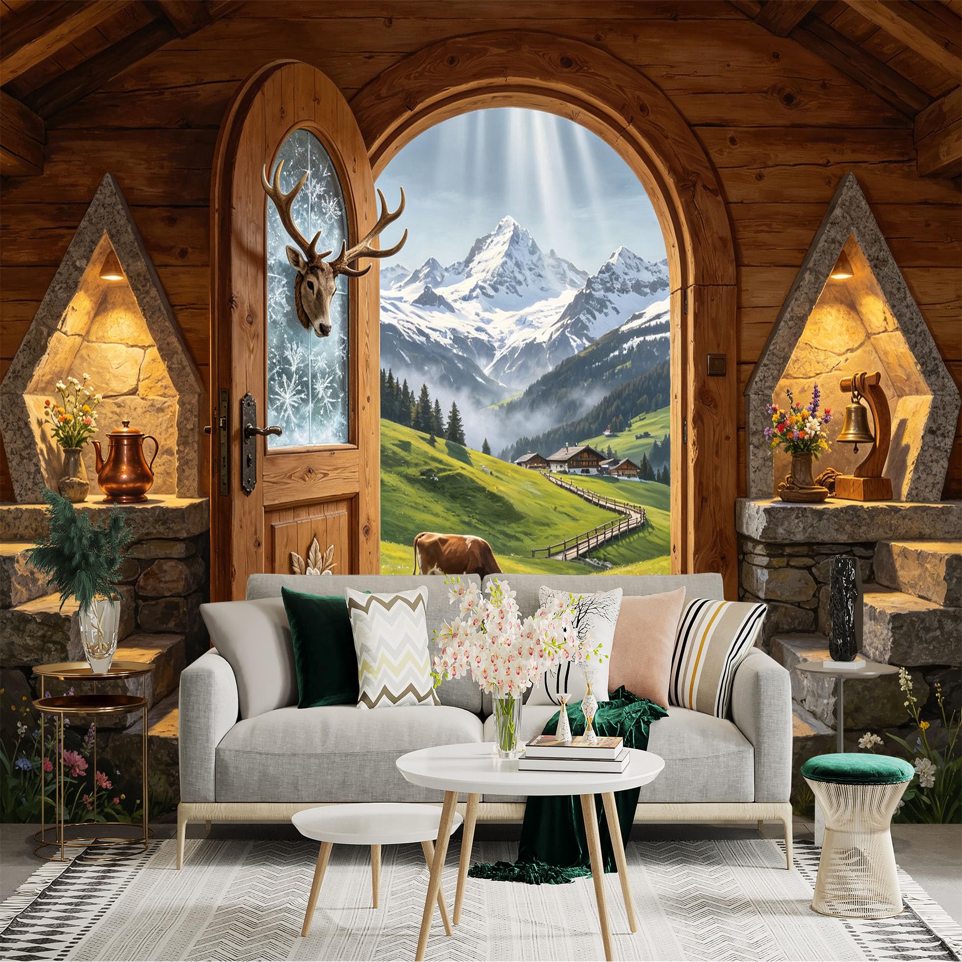 Custom Size Wall Sticker Mural， Rustic Alpine Mountain Meadow Cabin View， for wall Decoration， peelandstick wall Decals.