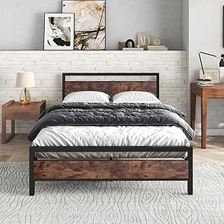 JURMERRY Double Bed Metal Bed Frame with Wooden Headboard and Footboard Heavy Duty Steel Support, No Box Spring Needed, Ea...