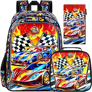 3PCS Car Backpack for Boys, Water Resistant Kids Bookbag Set with Lunch Box,Cute School Bag for Preschool Toddler