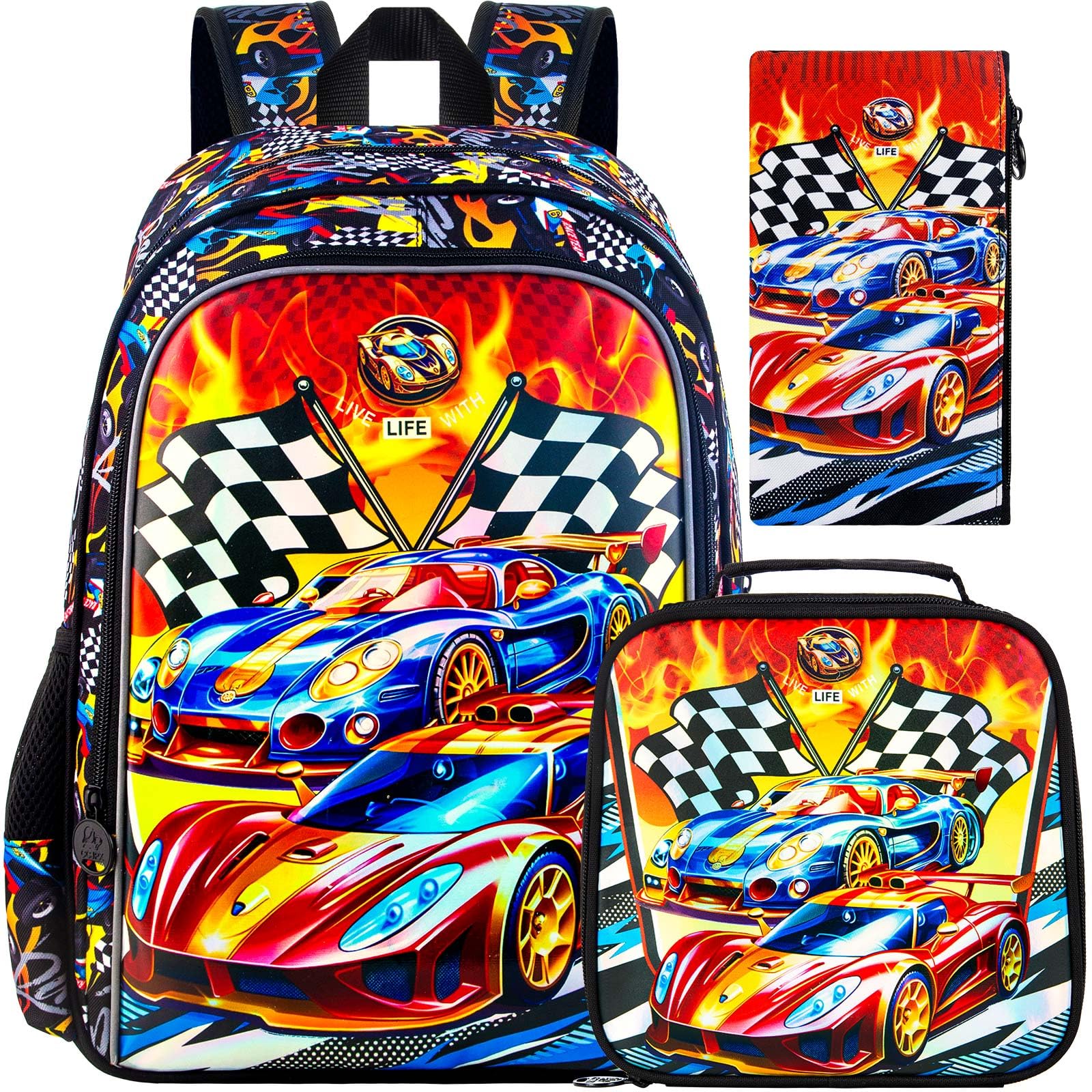 HPJGD 3PCS Car Backpack for Boys, Water Resistant Kids Bookbag Set with Lunch Box, Cute School Bag for Preschool Toddler