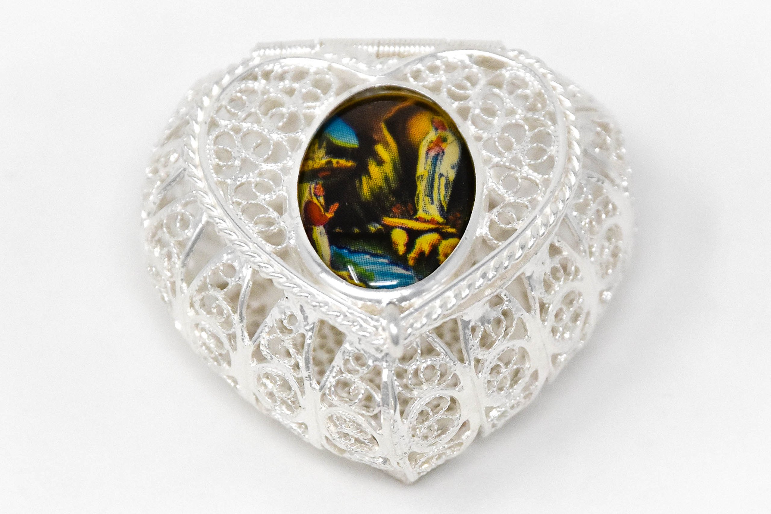 925 Sterling Silver Rosary Box, Trinket Box, with a Lourdes Apparition Medal & Lourdes Catholic Gifts
