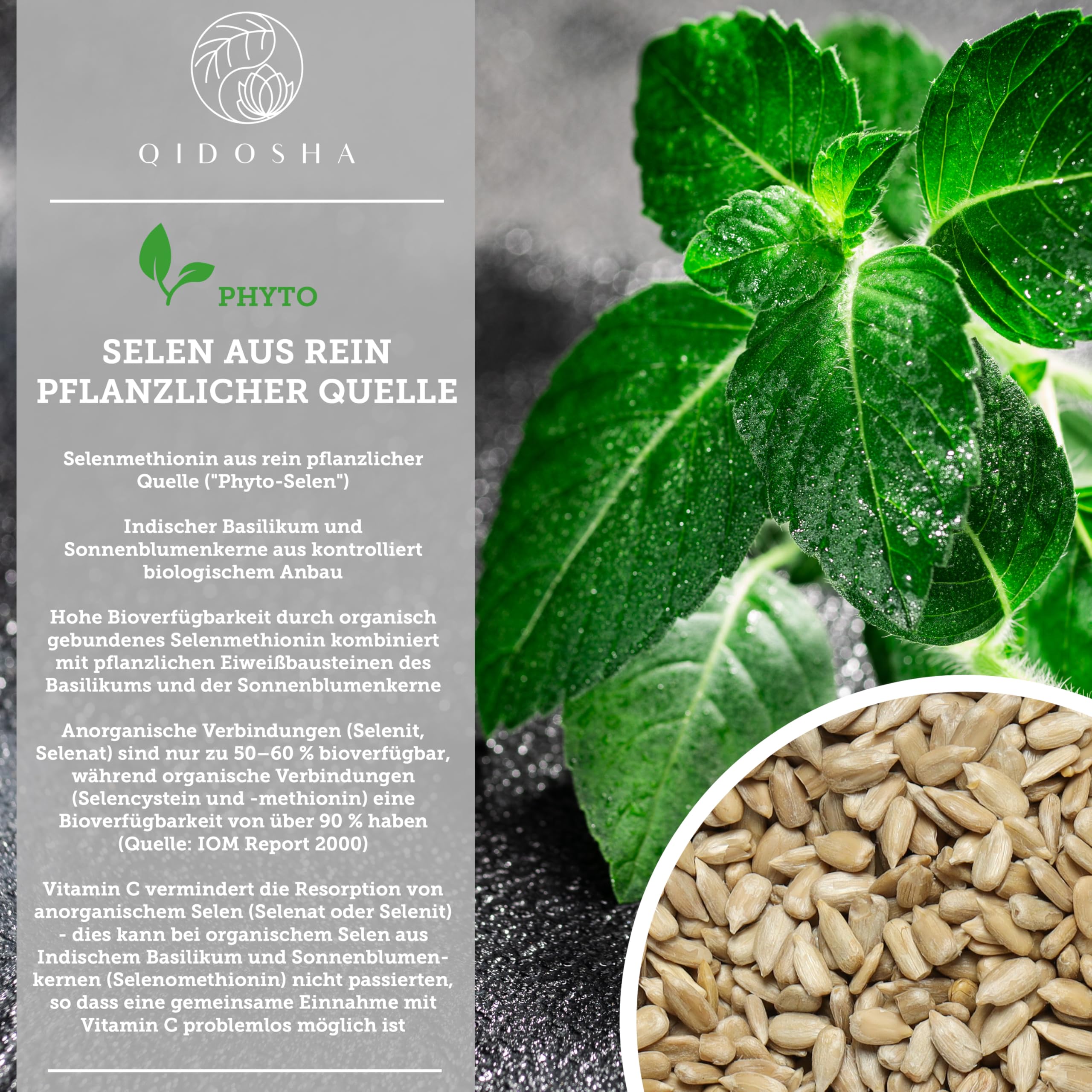 QIDOSHA® Bio Selen hochdosiert, 180 Kapseln, 55 mcg (100% NRV) pflanzliches Selen je Kapsel aus Bio Indischem Basilikum und Bio Sonnenblumenkernen, Selenmethionin, ergänzt um Bio Akazienfaser