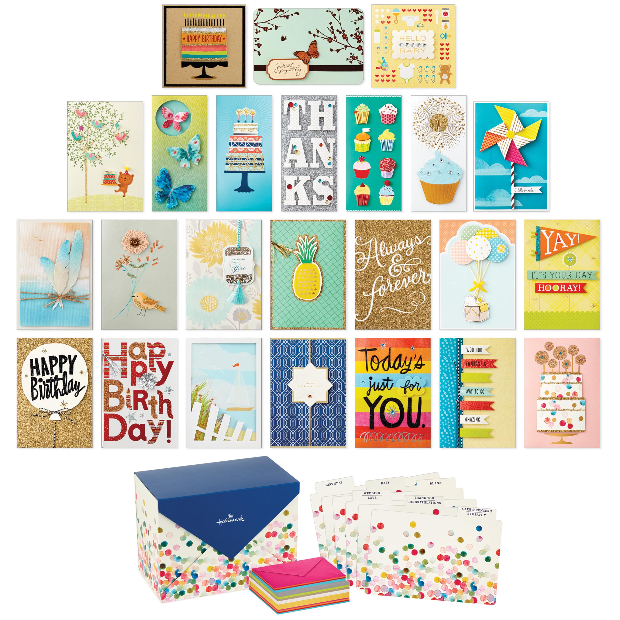 Hallmark Juego de tarjetas de felicitación hechas a mano para todas las ocasiones con organizador de tarjetas (paquete de 24), cumpleaños, bebé, boda, condolencias, agradecimiento, en blanco