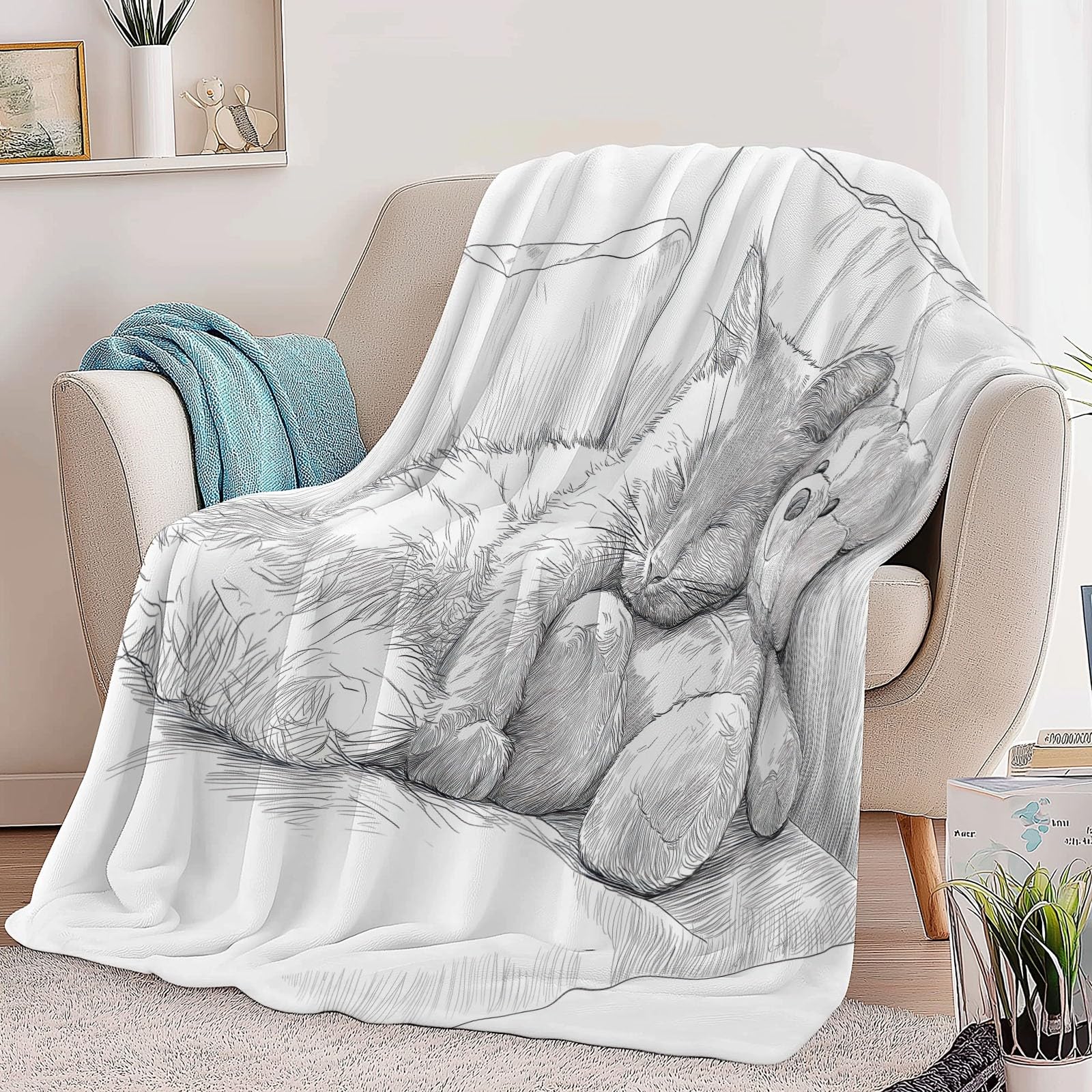 Genérico Marfil Manta de Franela Polar, 220 x 240 cm Manta Cálida de Invierno, Suave, Esponjosa y Cálida con Estampado Dibujado A Mano Bonito Animal Gato - Manta para Cama Colcha y Sofá