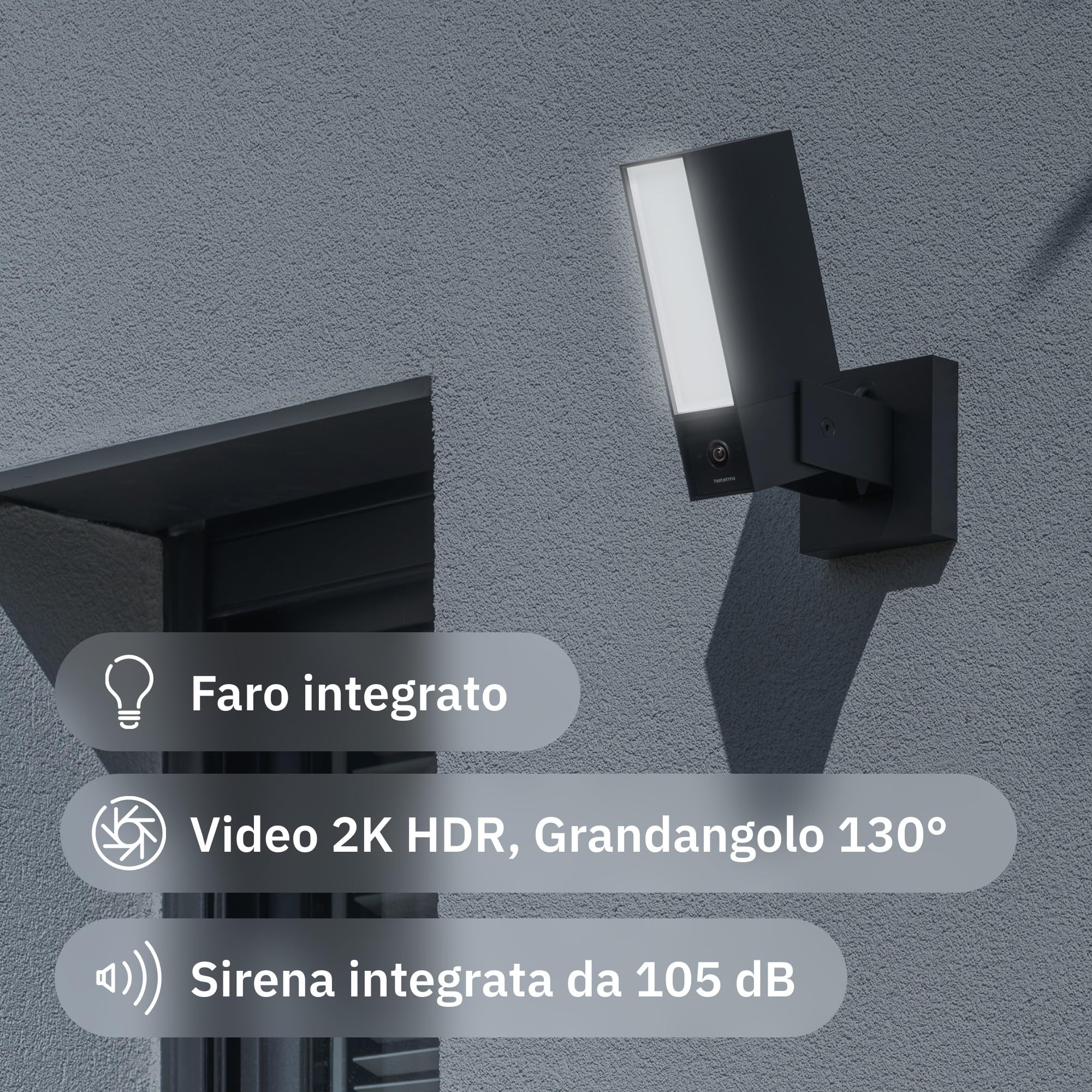 Netatmo Videocamera di Sorveglianza Esterna, WiFi 5 GHz, 2SD, 2K HDR, Rilevamento intelligente di persone/Veicoli e animali/proiettore LED 12 W, Sirena 105 dB, Archiviazione locale, NOC2-B-AMZ